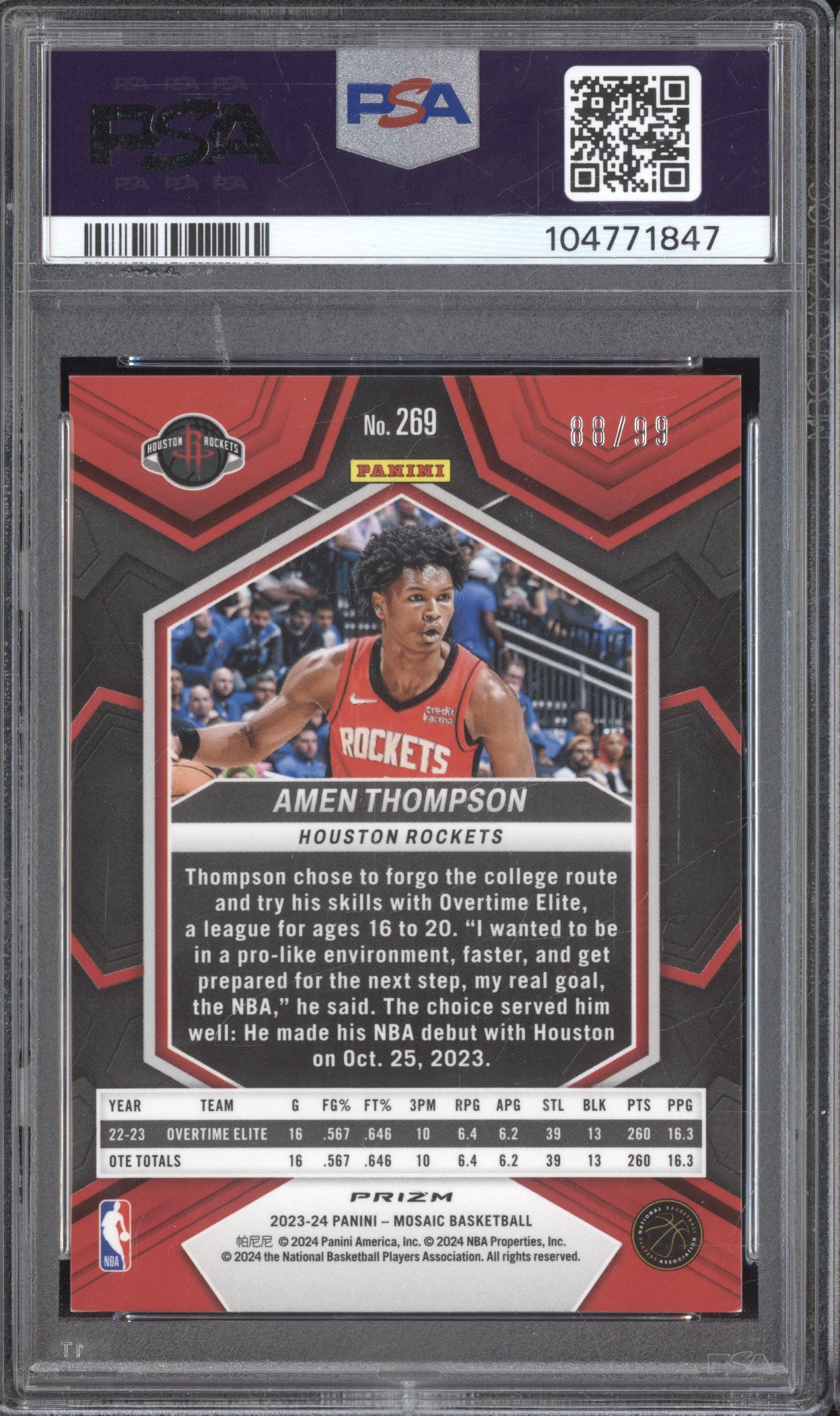 Amen Thompson 2023-24 Panini Mosaic 269 Purple RC 88/99 PSA 9