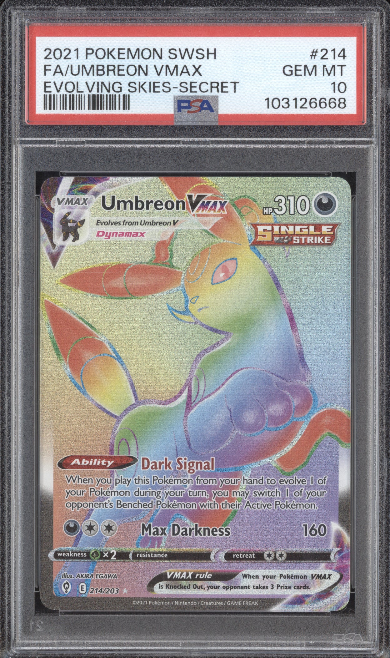 Umbreon Vmax 2021 Pokemon Evolving Skies 214/203 Secret PSA 10