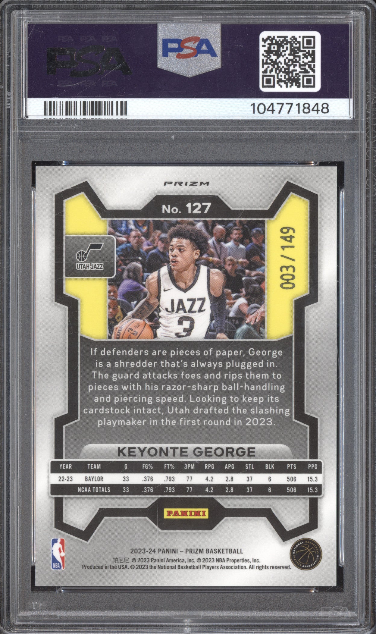 Keyonte George 2023-24 Panini Prizm 127 Purple Ice RC 3/149 PSA 10
