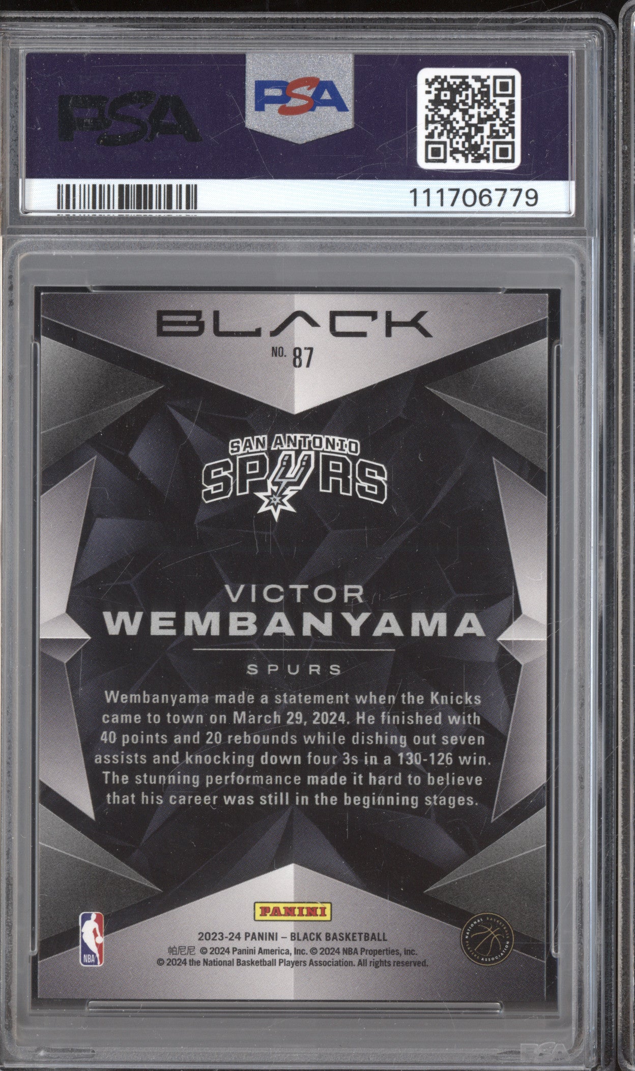 Victor Wembanyama 2023-24 Panini Black 87 RC PSA 8