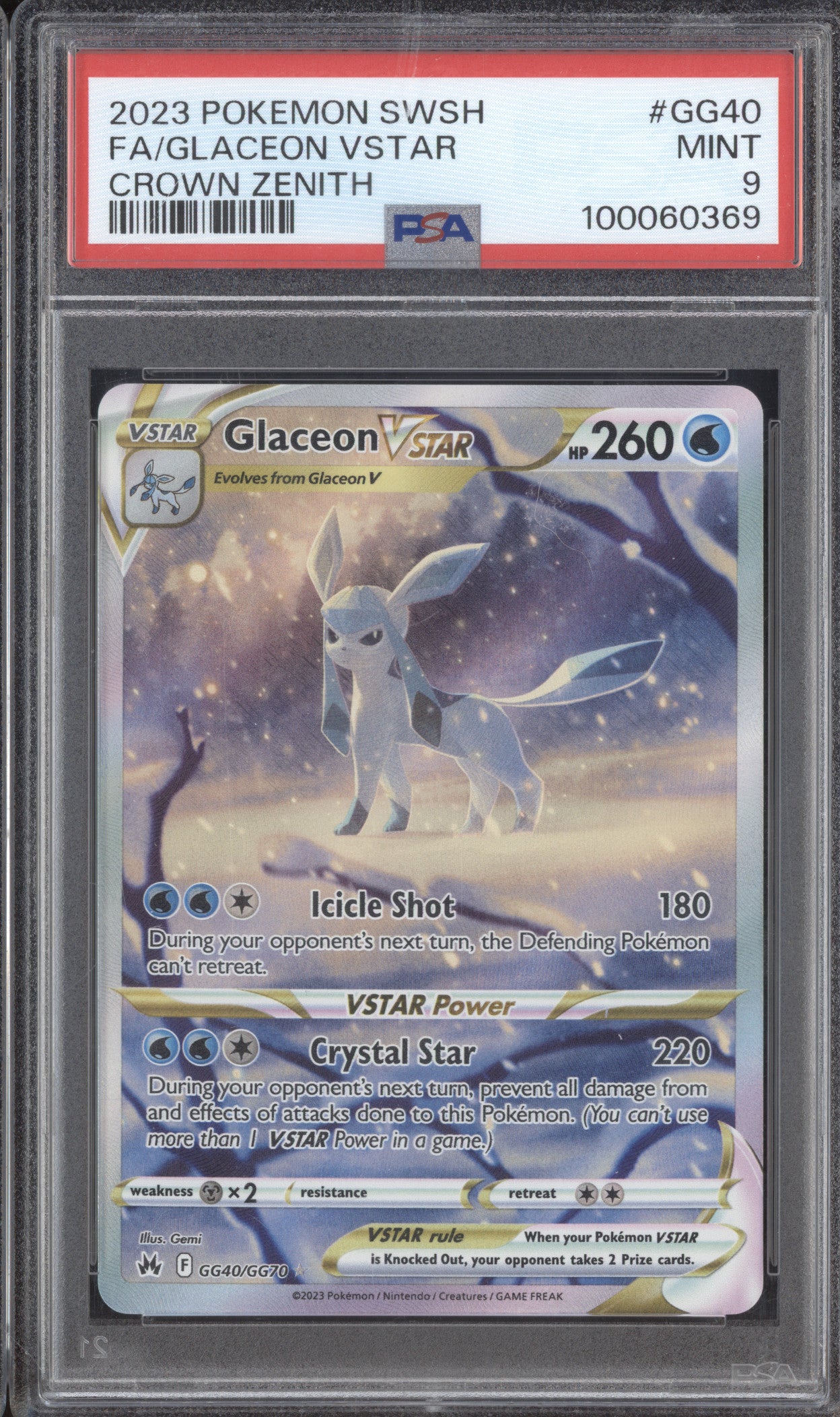 Glaceon VStar 2023 Pokemon Crown Zenith GG40/GG70 Galarian Gallery PSA 9