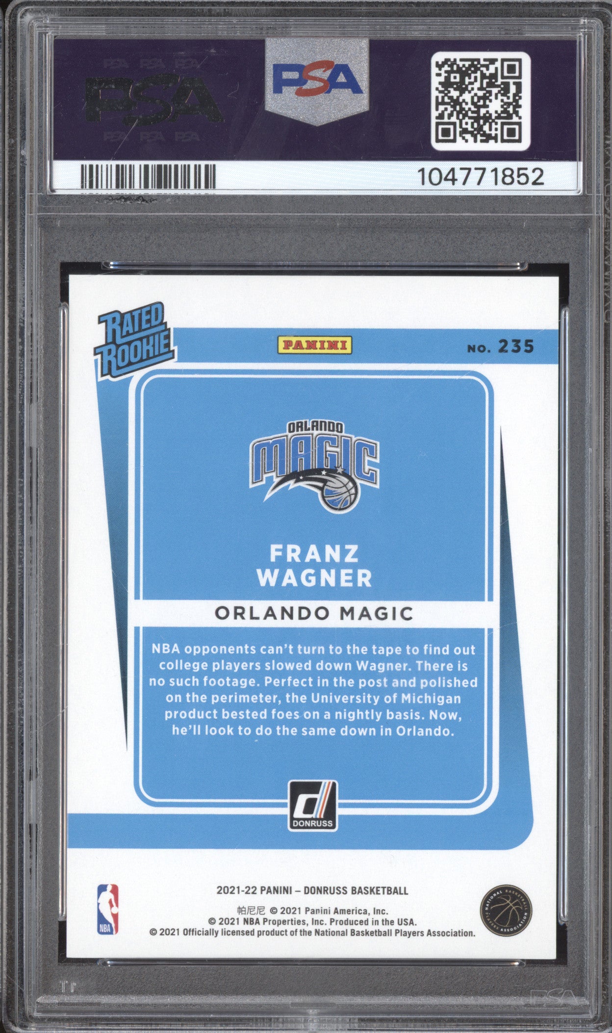 Franz Wagner 2021-22 Panini Donruss 235 Holo Yellow Laser RC 8/25 PSA 9