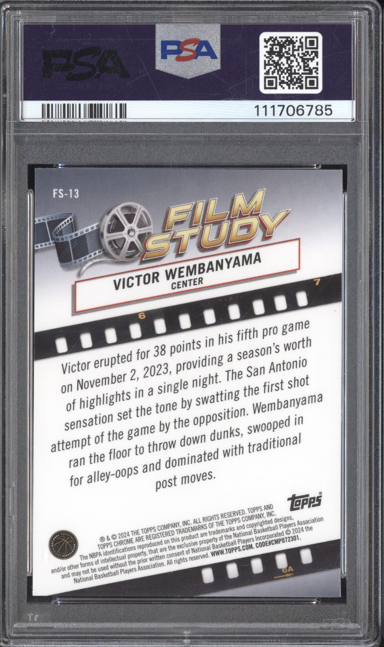 Victor Wembanyama 2023-24 Topps Chrome FS13 Film Study Blue Basketball RC PSA 10
