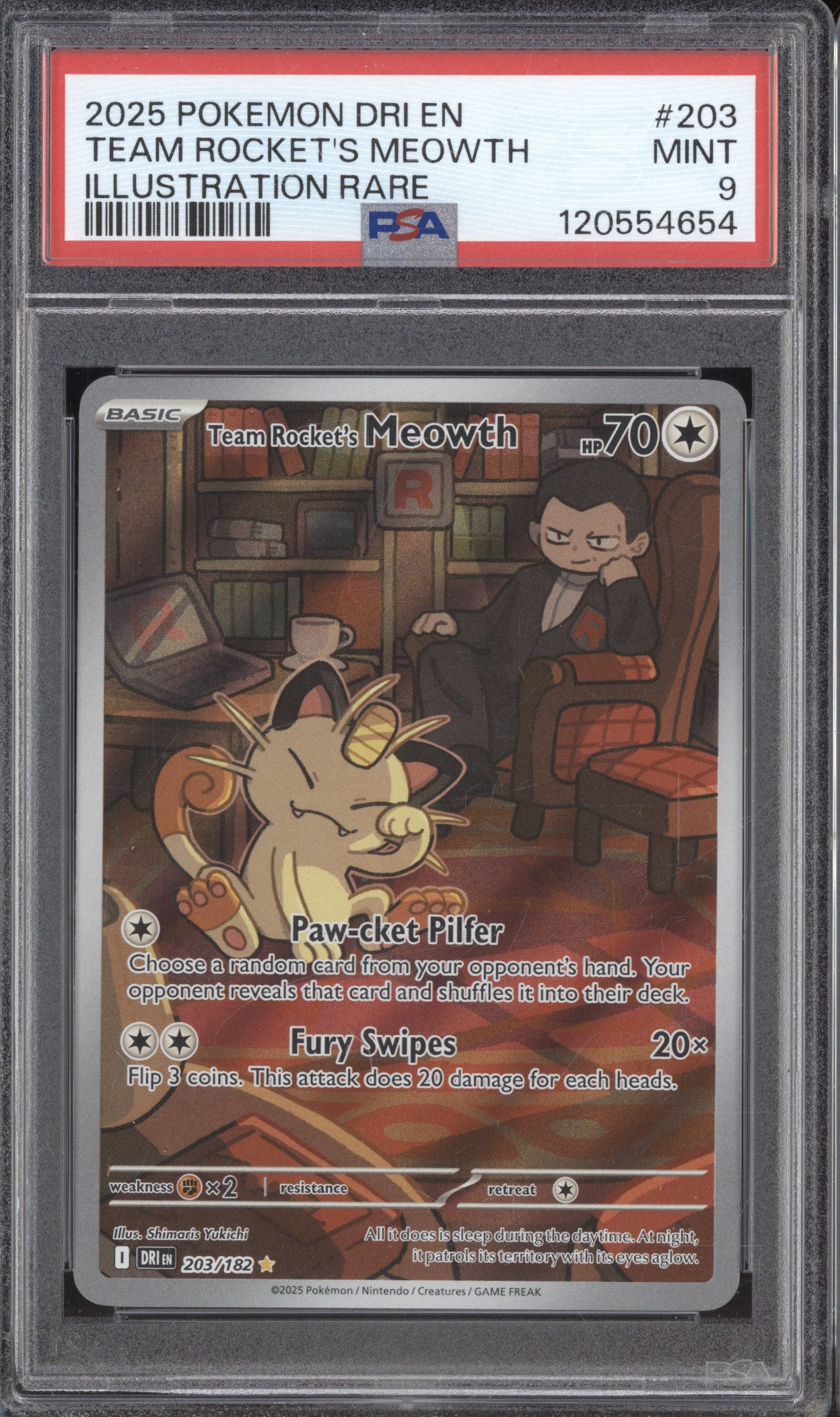 2025 Pokemon Destined Rivals DRI 203 Team Rocket's Meowth Illustration PSA 9