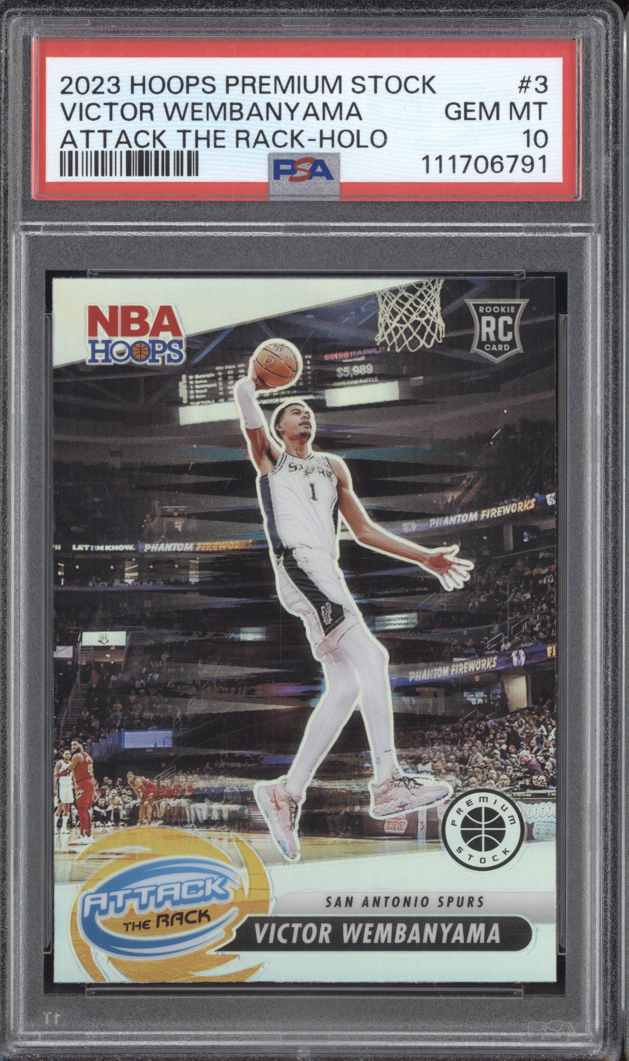 Victor Wembanyama 2023-24 Panini Hoops Premium 3 Attack the Rack Holo RC PSA 10