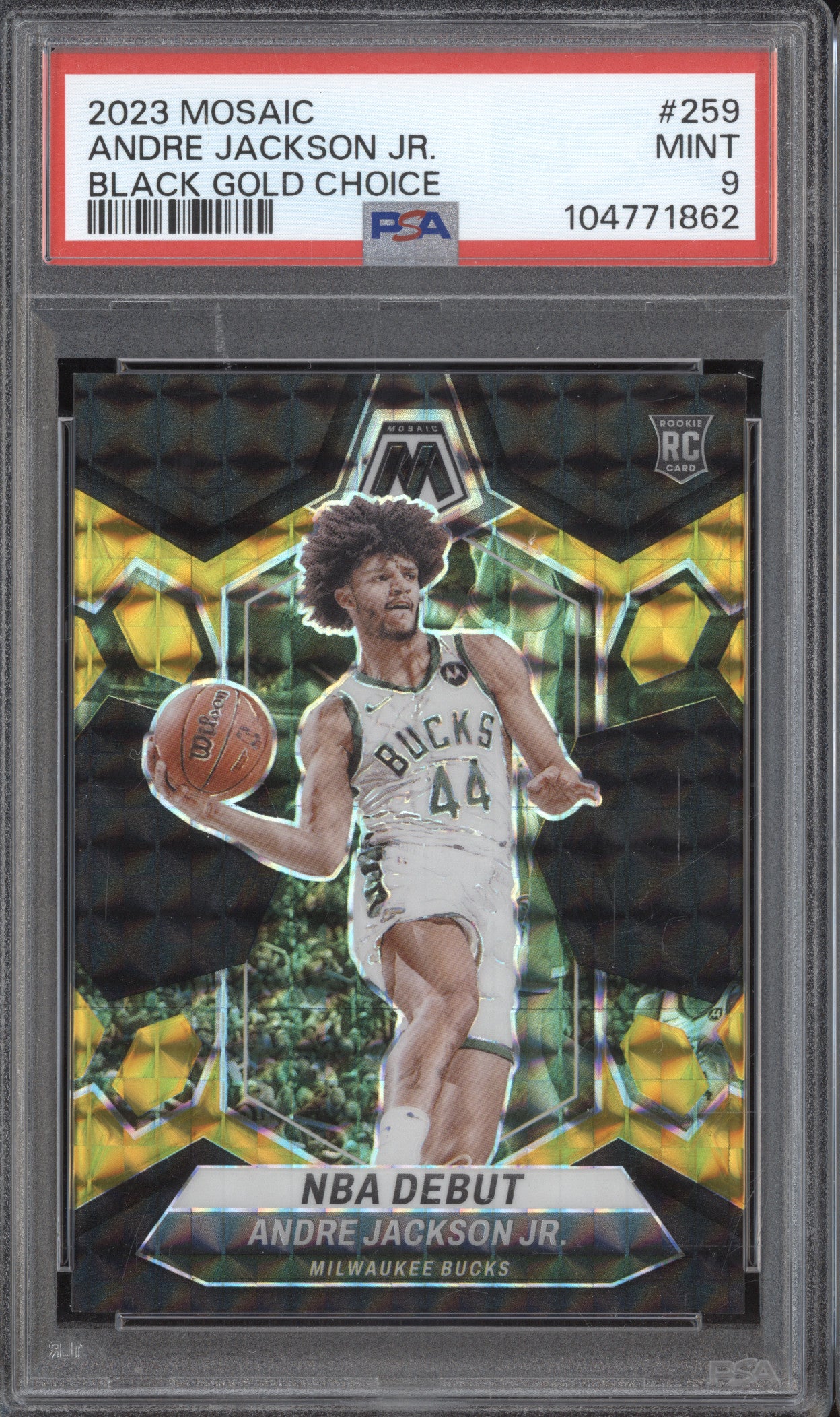 Andre Jackson Jr 2023-24 Panini Mosaic 259 Black Gold Choice RC 4/8 PSA 9