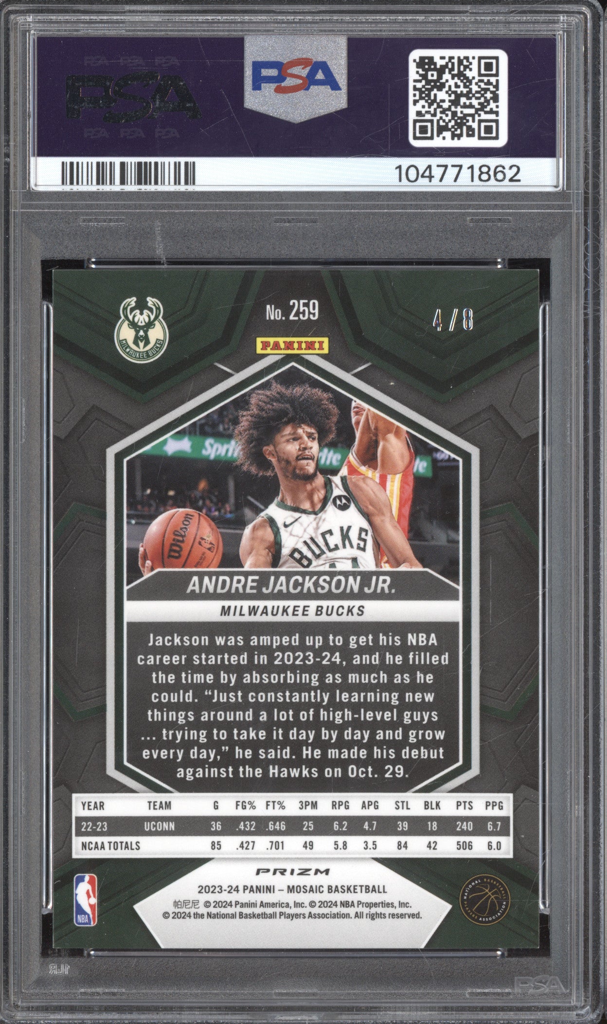 Andre Jackson Jr 2023-24 Panini Mosaic 259 Black Gold Choice RC 4/8 PSA 9