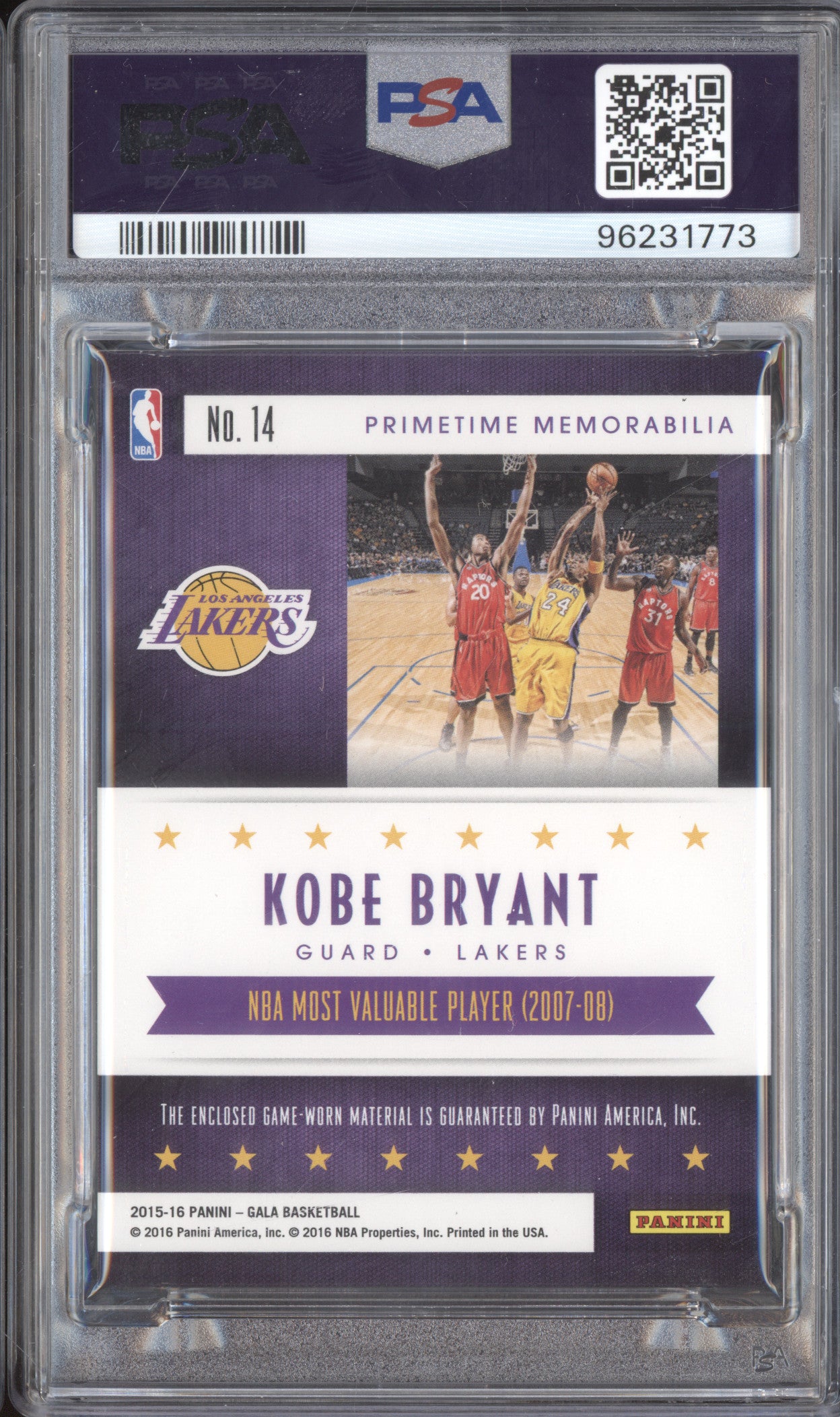Kobe Bryant 2015-16 Panini Gala 14 Primetime Memorabilia Jersey 37/40 PSA 8