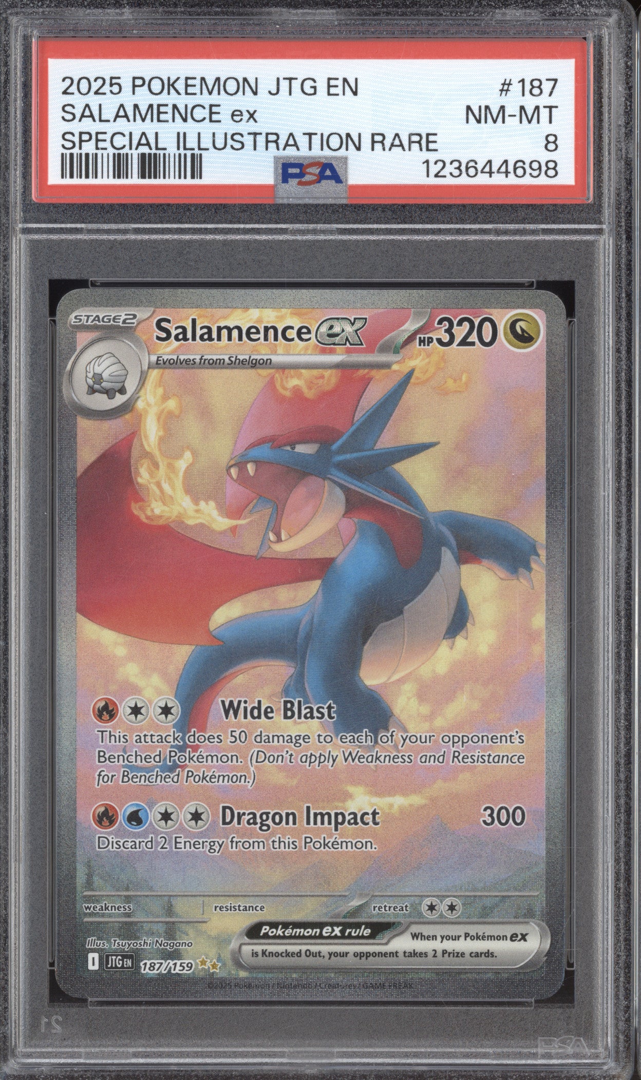 2025 Pokemon Journey Together JTG 187 Salamence ex Special Illustration PSA 8