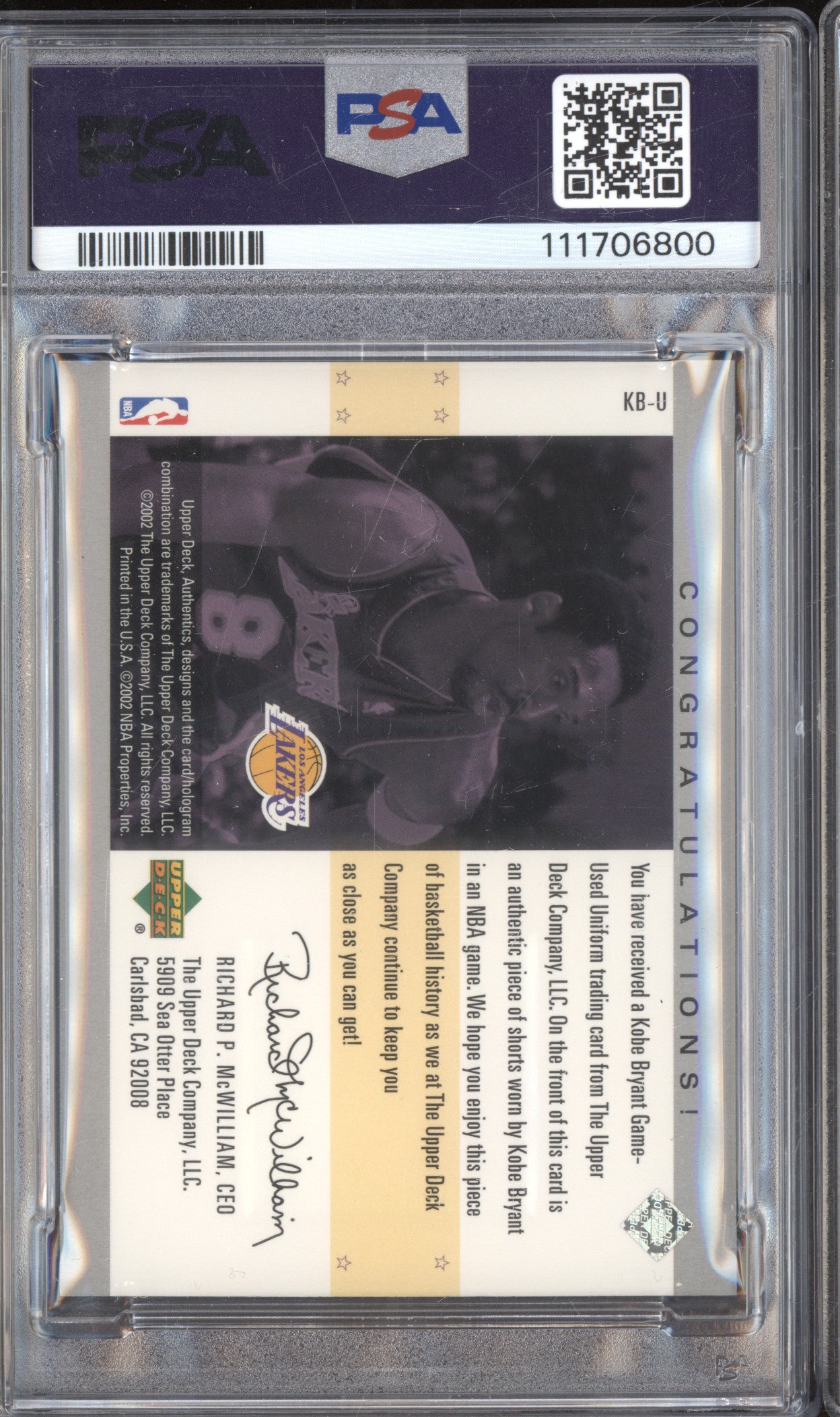 Kobe Bryant 2002-03 Upper Deck Authentics KB-U Uniform Greatness Jersey PSA 8