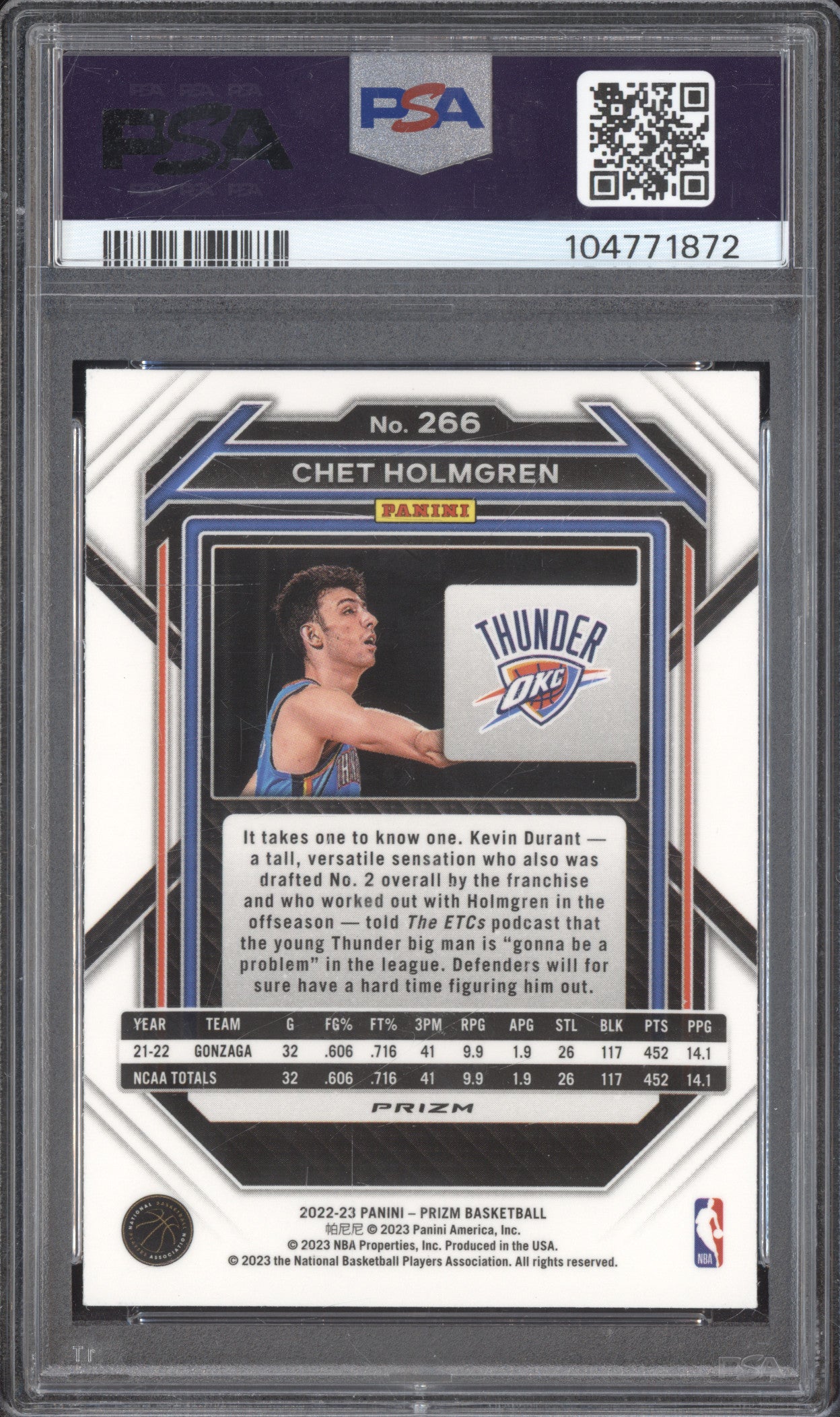Chet Holmgren 2022-23 Panini Prizm 266 Green Prizm RC PSA 10