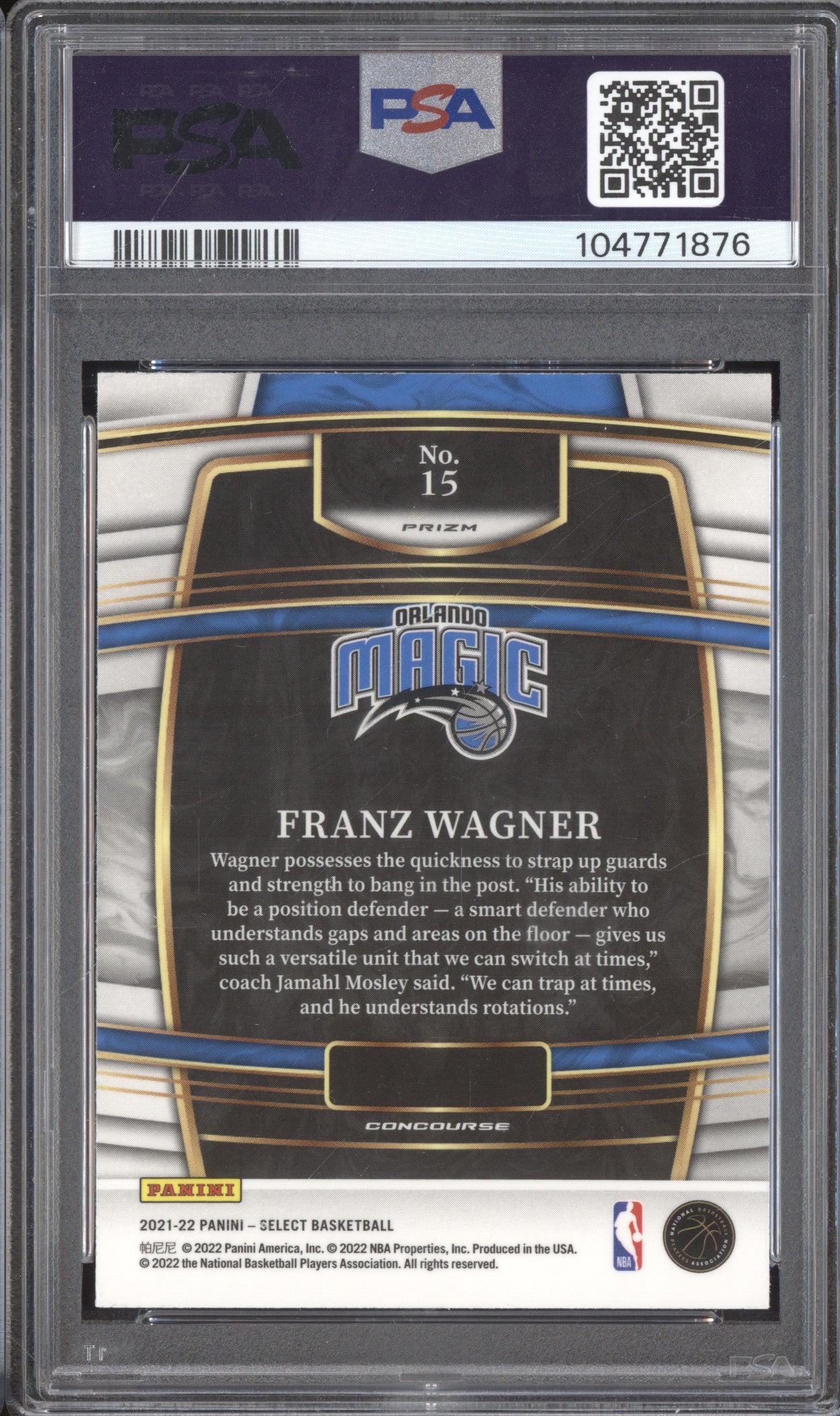 Franz Wagner 2021-22 Panini Select 15 Blue Prizm RC PSA 10
