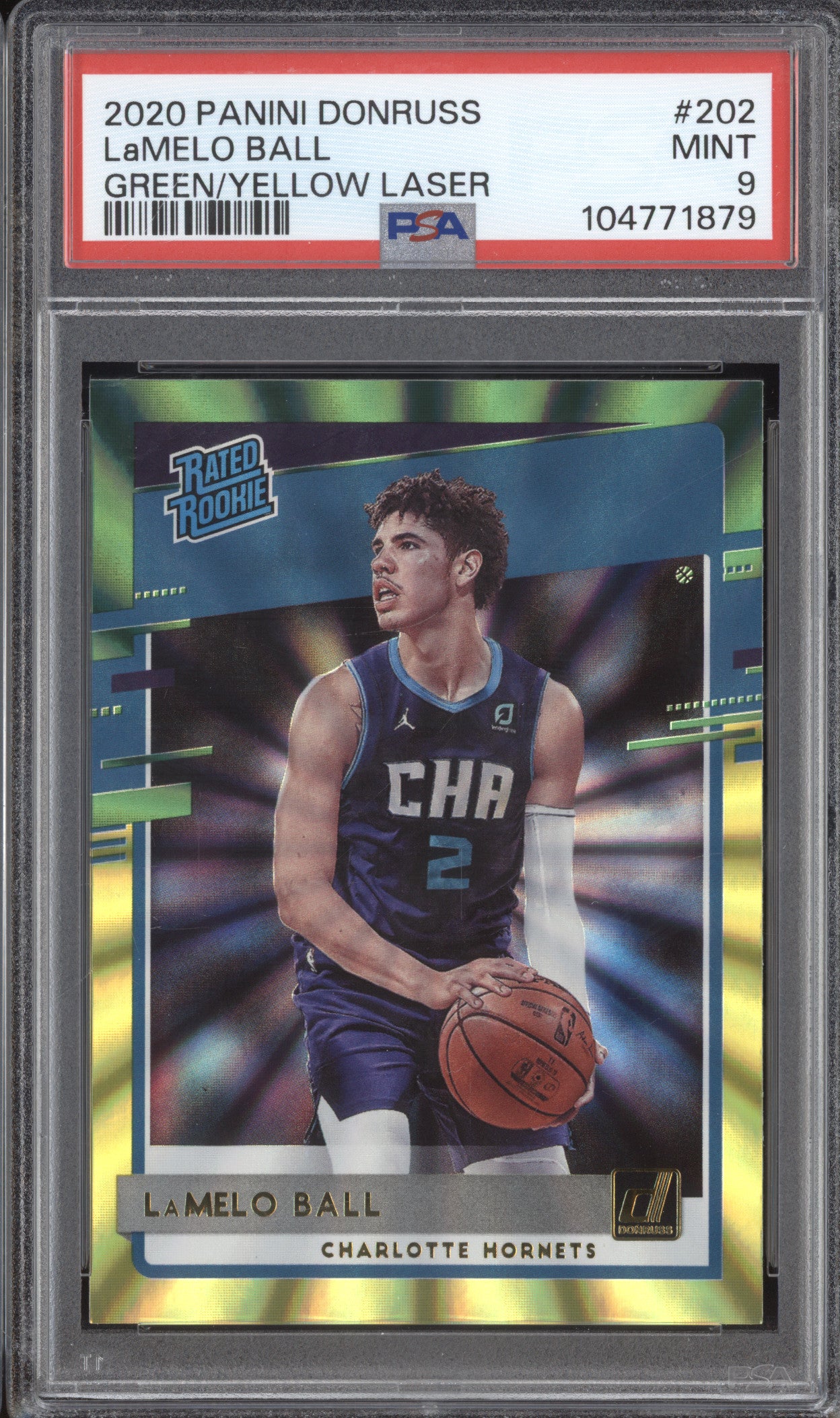LaMelo Ball 2020-21 Panini Donruss 202 Green Yellow Laser RC PSA 9