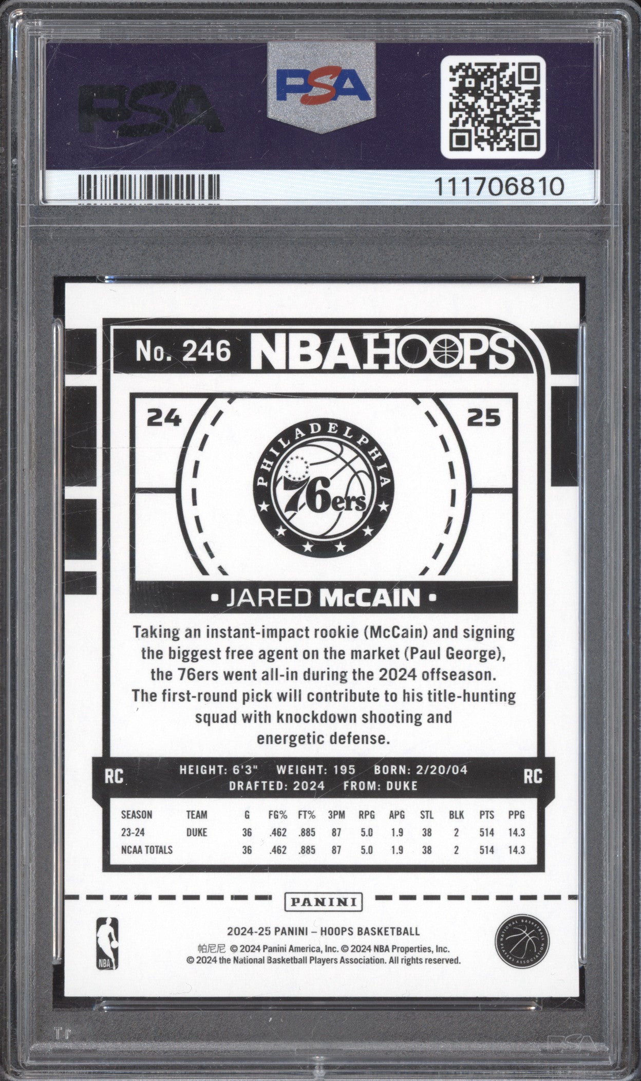 Jared McCain 2024-25 Panini Hoops 246 Texture RC PSA 9
