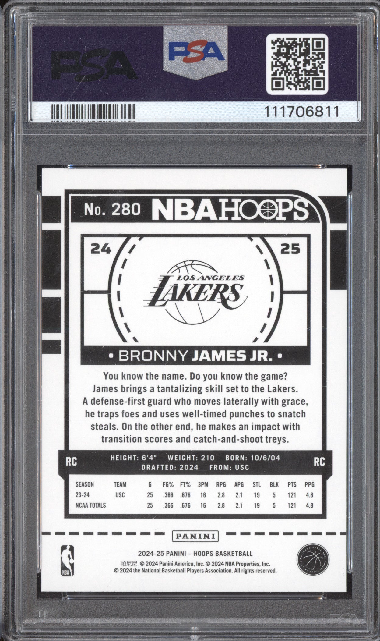 Bronny James Jr 2024-25 Panini Hoops 280 Texture RC PSA 10