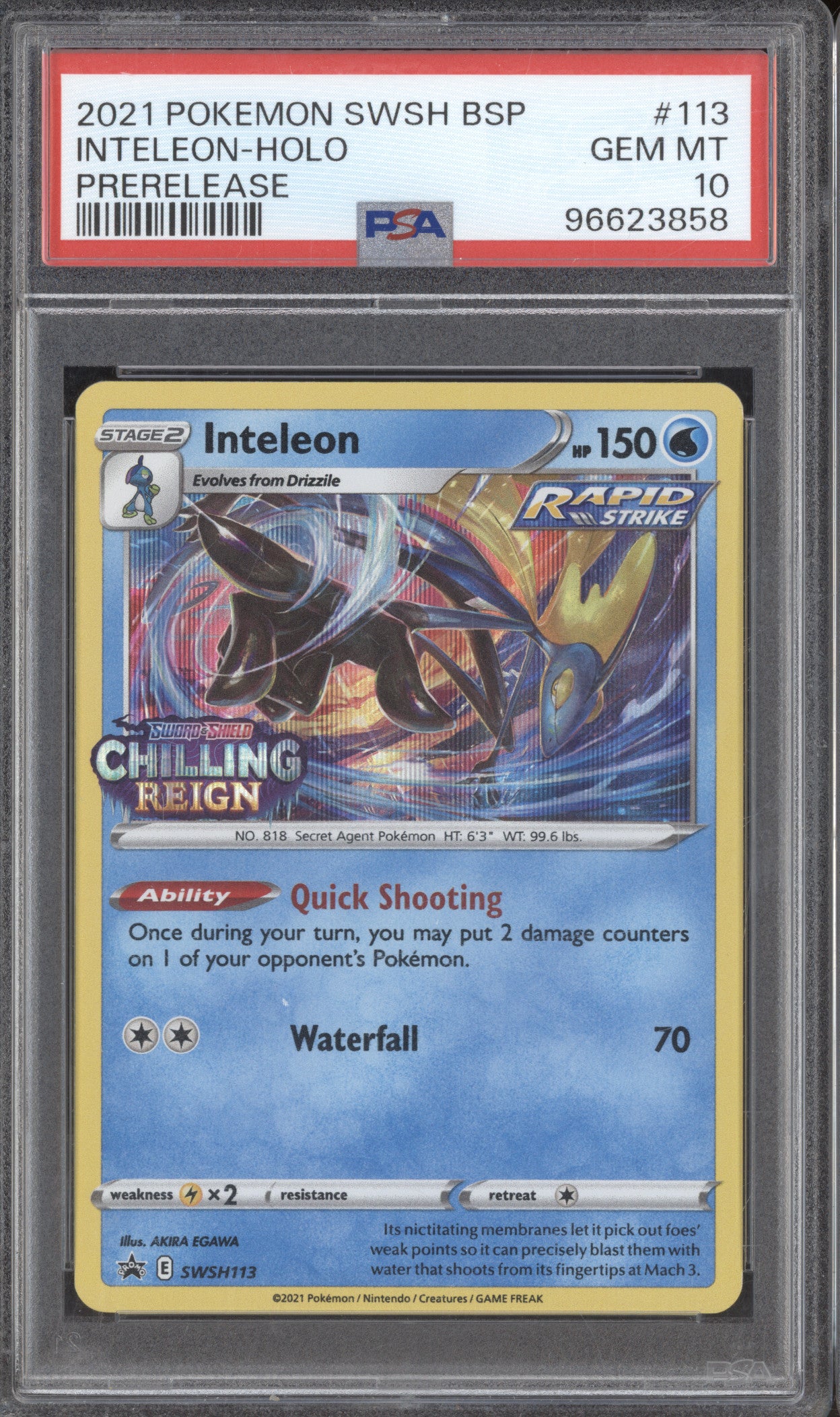 2021 Pokemon Chilling Reign SWSH113 Inteleon Prerelease Holo PSA 10