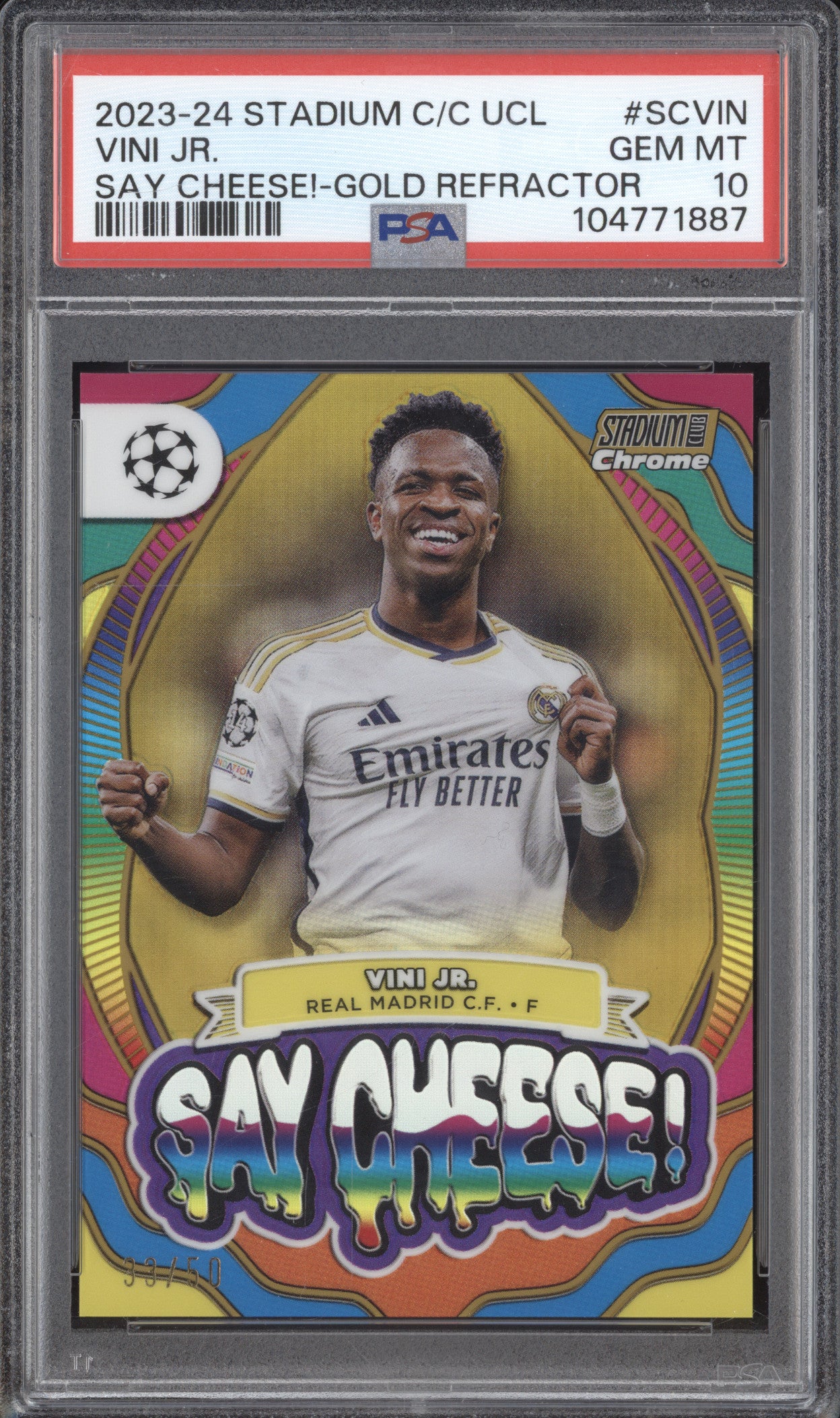 Vini Jr 2023-24 Topps Stadium Club Chrome SC-VIN Say Cheese! Gold 33/50 PSA 10