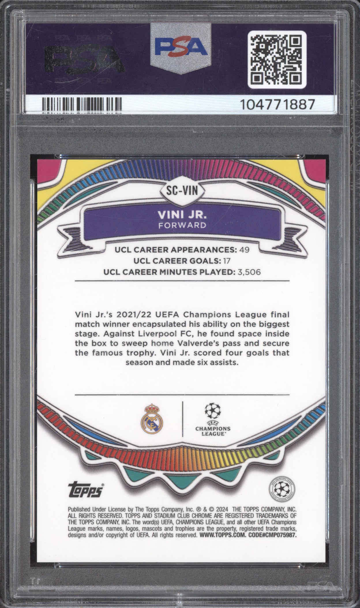 Vini Jr 2023-24 Topps Stadium Club Chrome SC-VIN Say Cheese! Gold 33/50 PSA 10