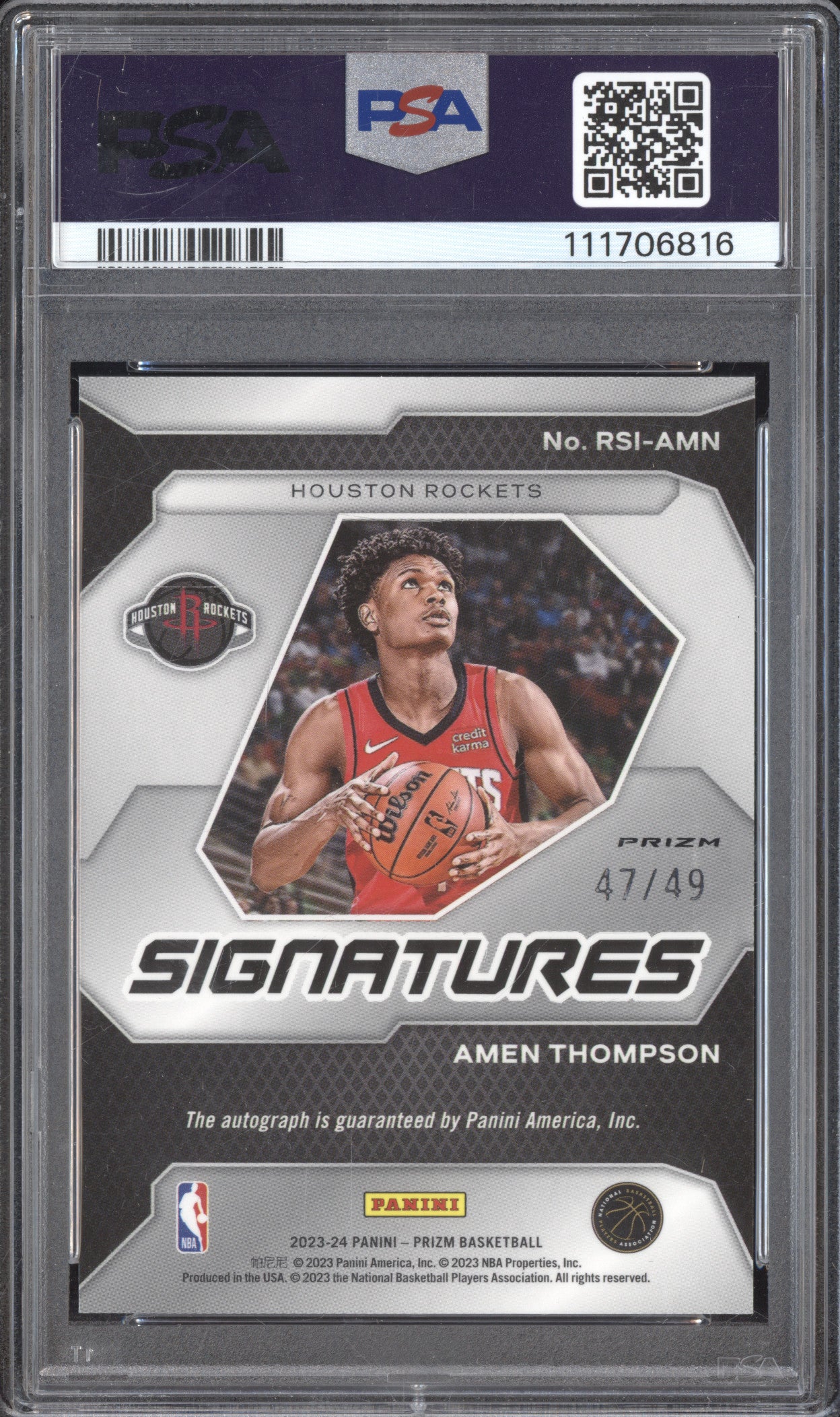 Amen Thompson 2023-24 Panini Prizm Rookie Signatures Blue RC 47/49 PSA 10