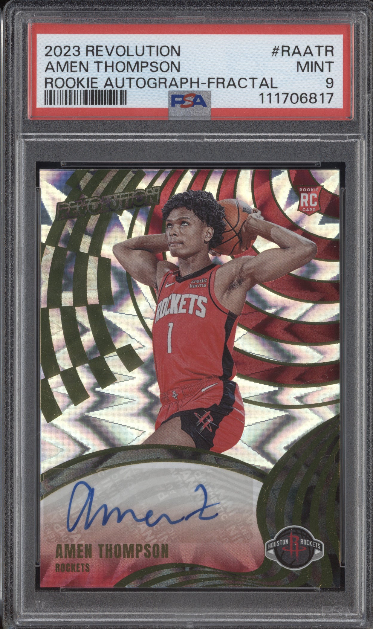 Amen Thompson 2023-24 Panini Revolution RA-ATR Rookie Auto Fractal RC /100 PSA 9