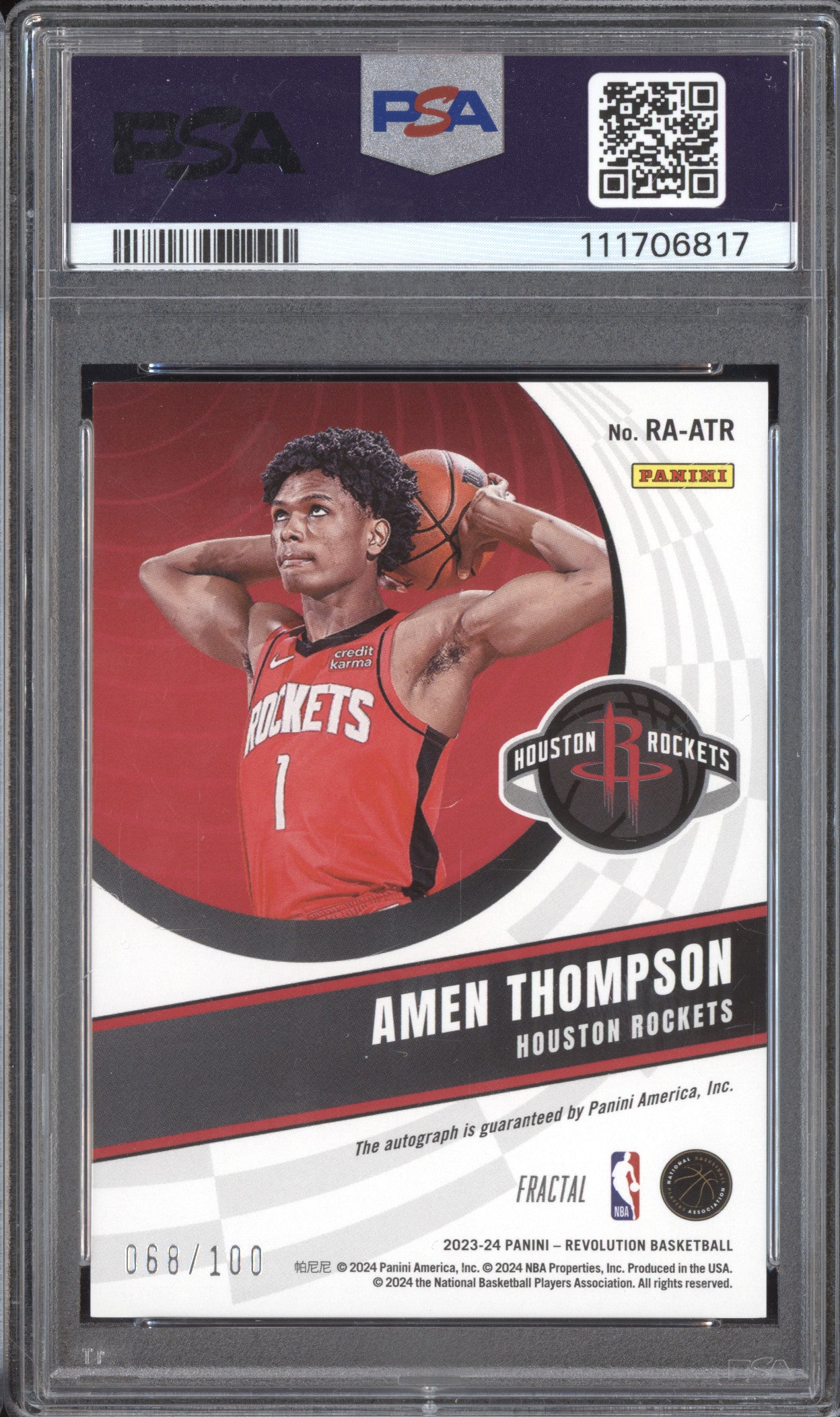 Amen Thompson 2023-24 Panini Revolution RA-ATR Rookie Auto Fractal RC /100 PSA 9