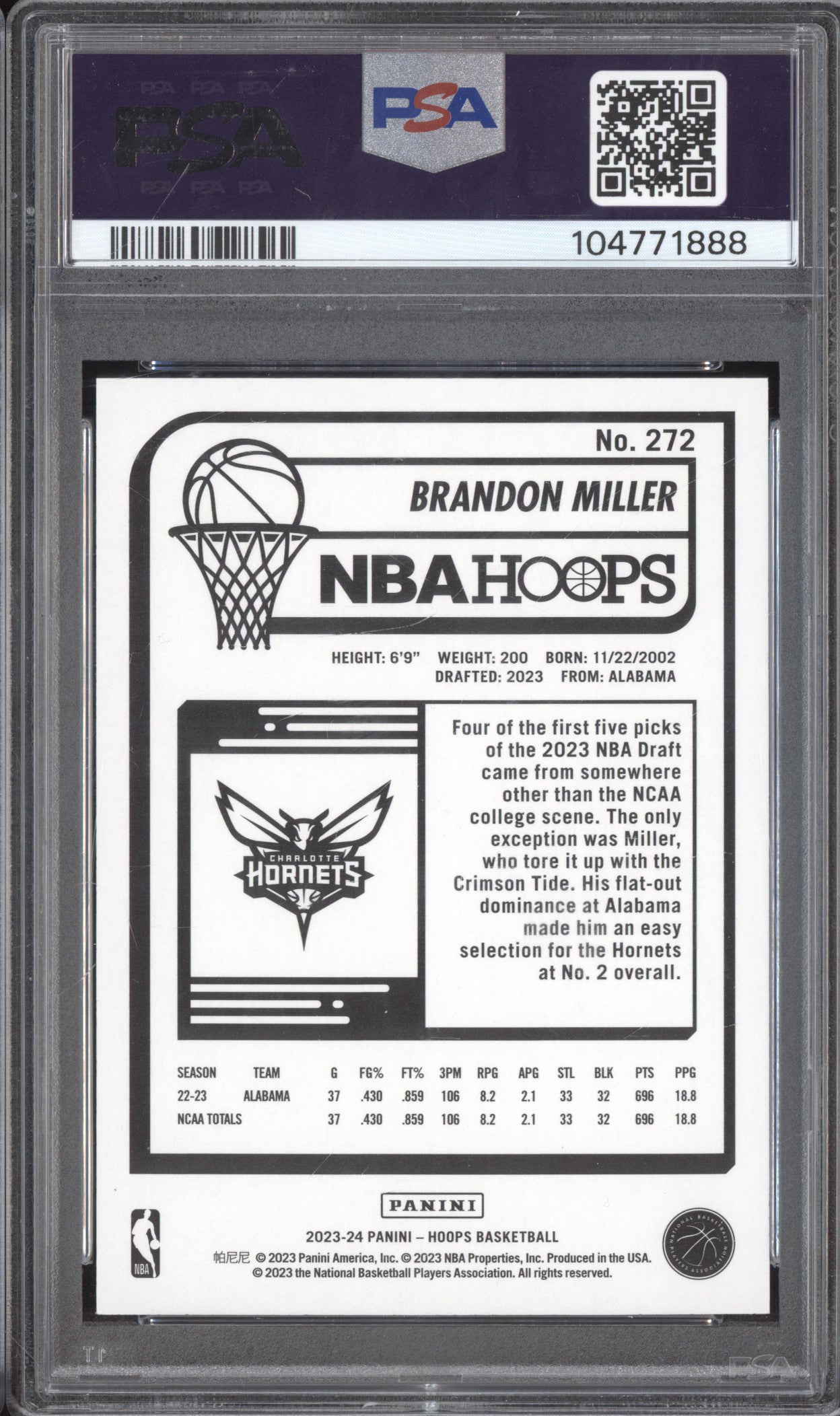 Brandon Miller 2023-24 Panini Hoops 272 Hyper Red RC PSA 9
