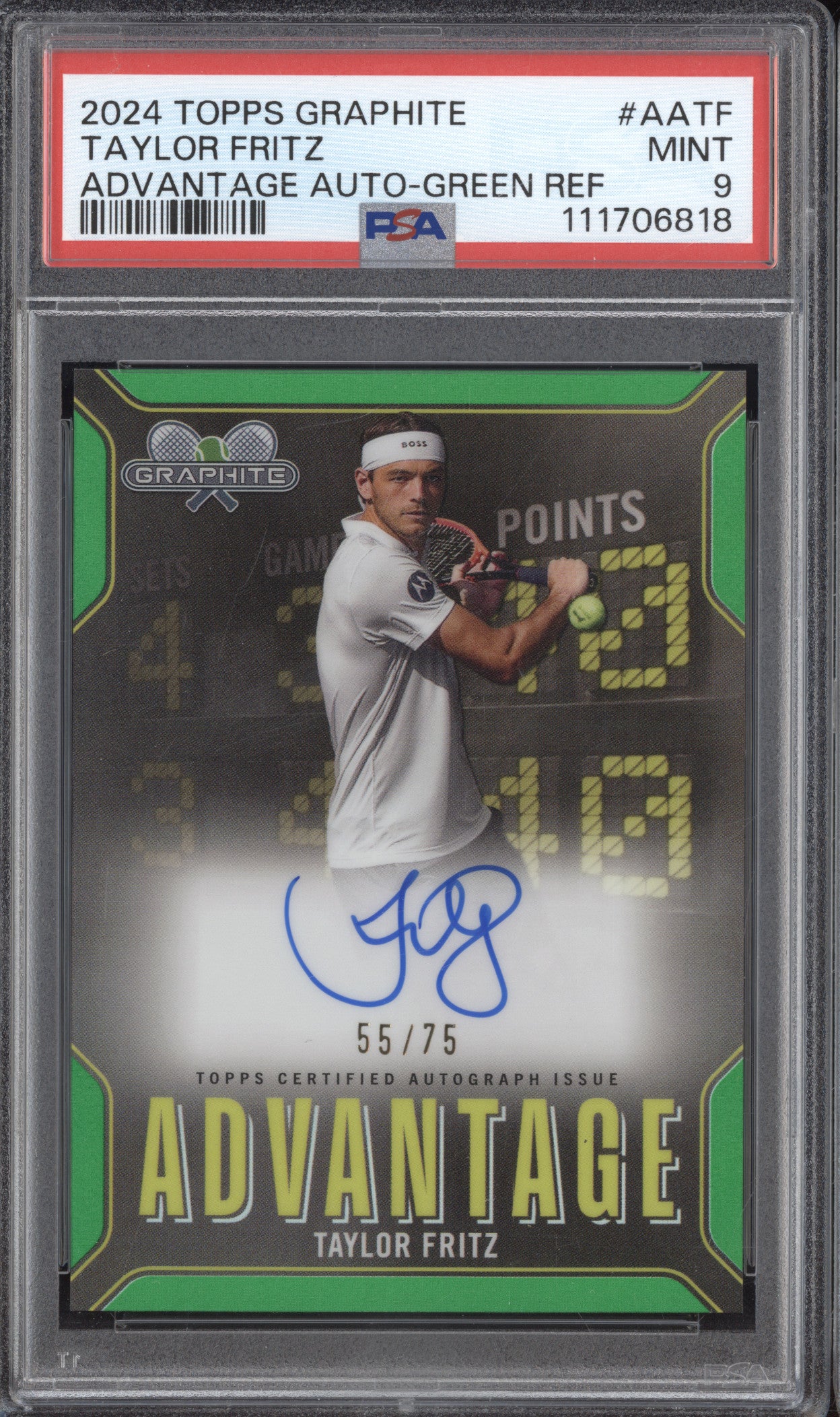 Taylor Fritz 2024 Topps Graphite Tennis AA-TF Advantage Auto Green 55/75 PSA 9