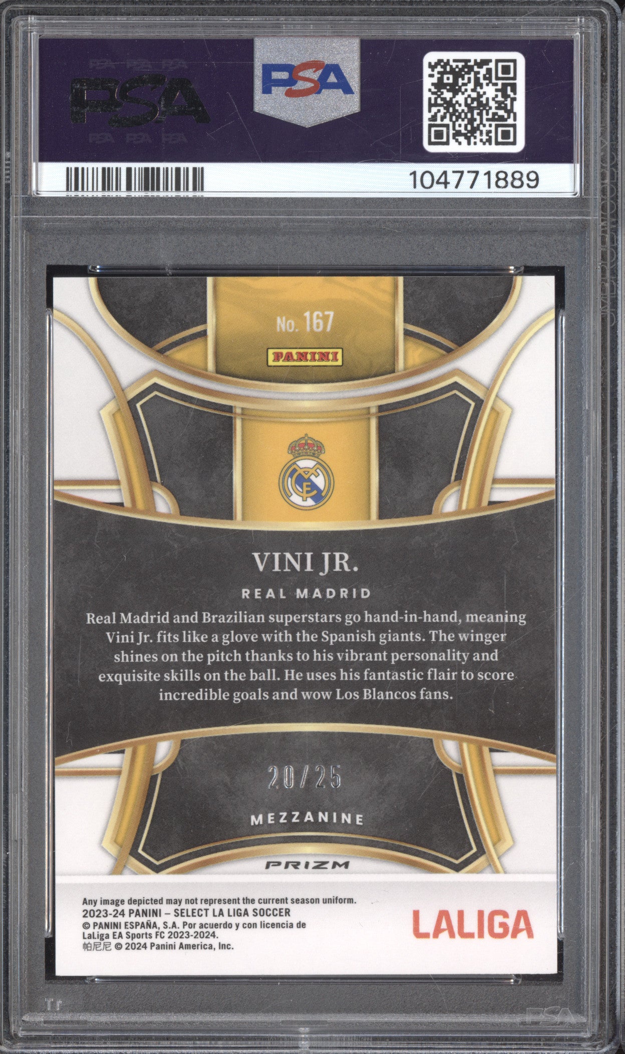 Vini Jr 2023-24 Panini Select La Liga 167 Zebra 20/25 PSA 10