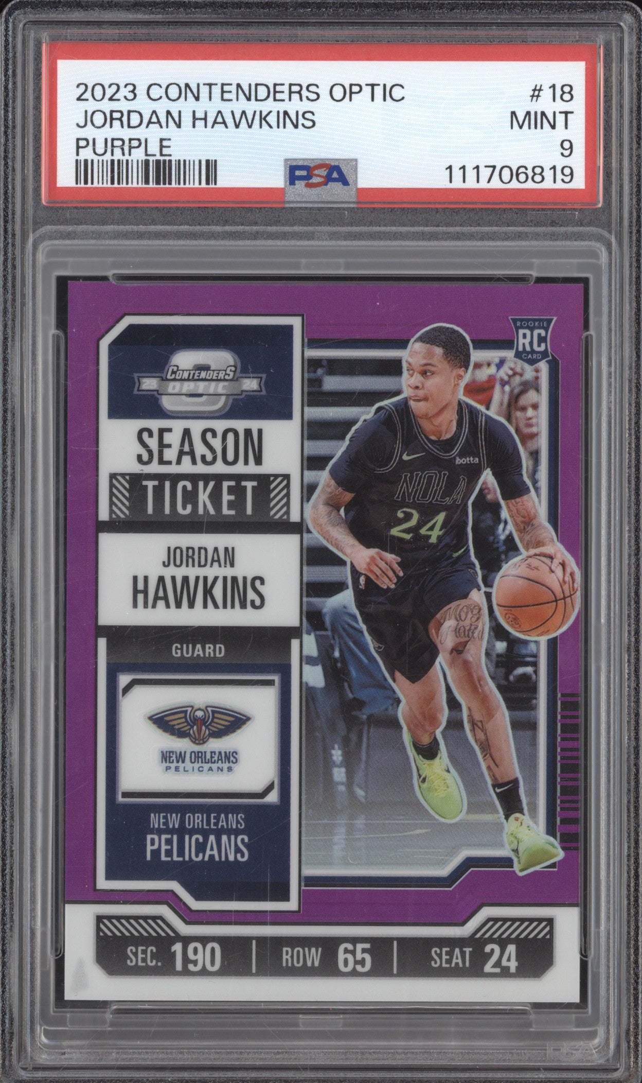 Jordan Hawkins 2023-24 Panini Contenders Optic 18 Purple RC 6/15 PSA 9