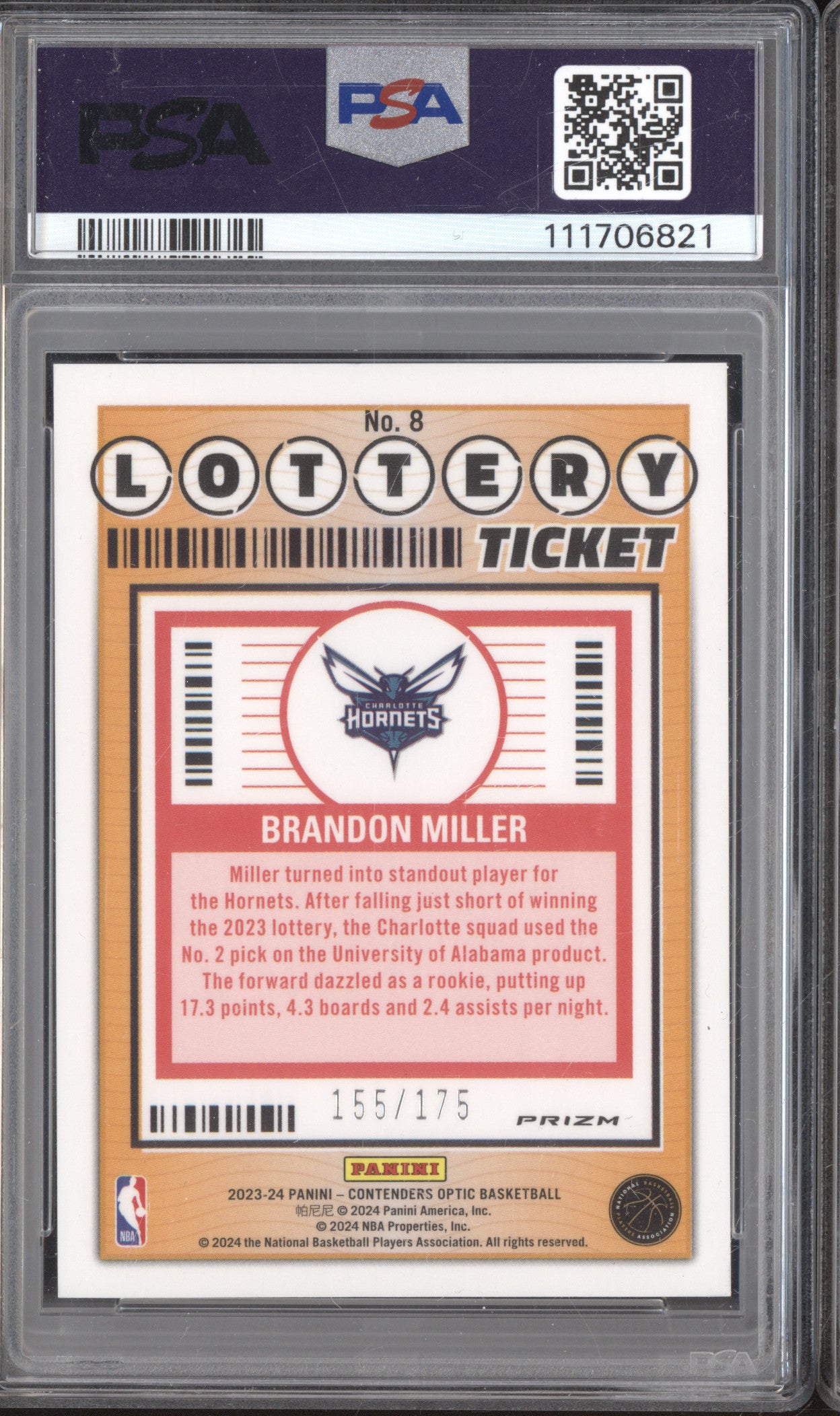 Brandon Miller 2023-24 Panini Contenders Optic Lottery Ticket Ice RC /175 PSA 10