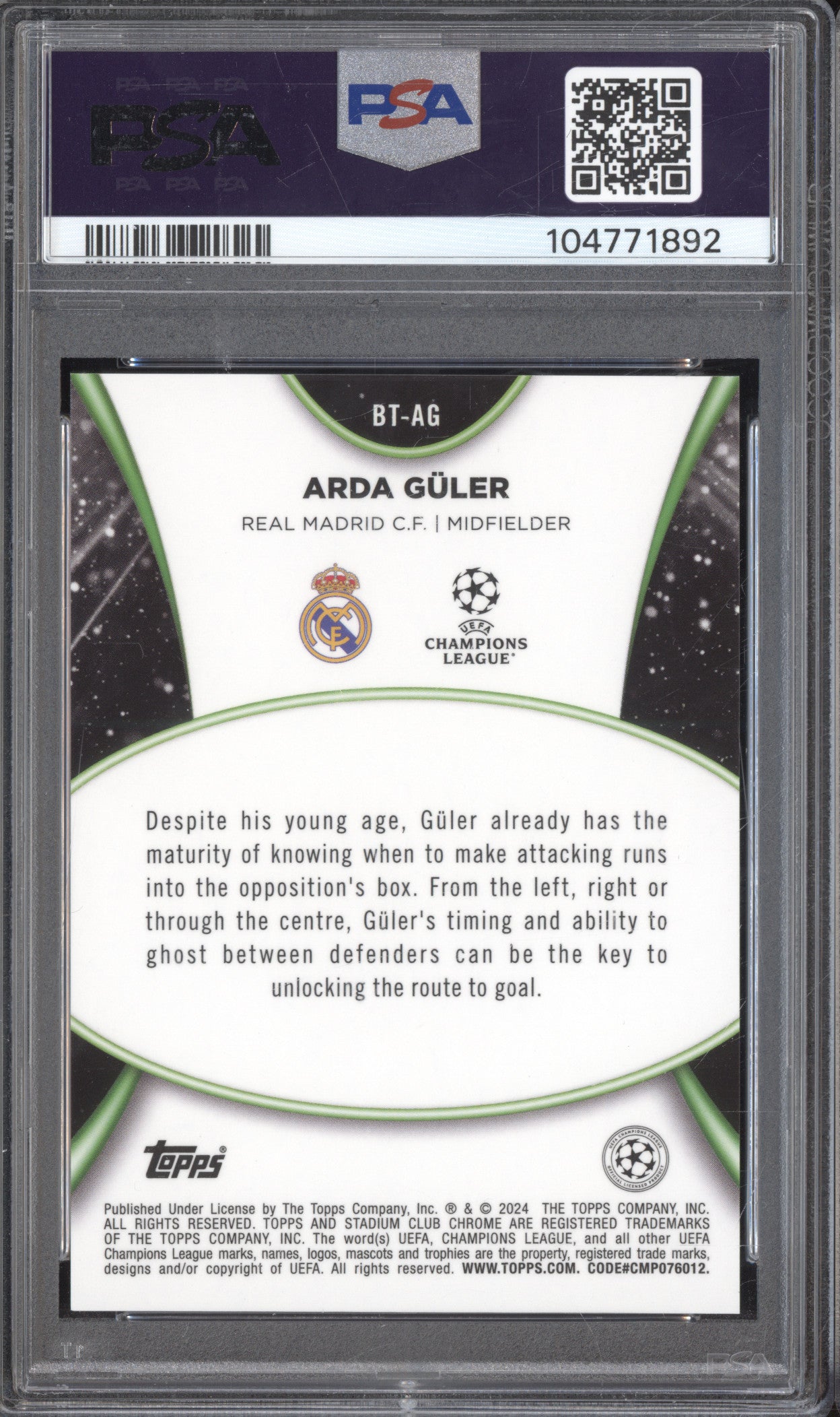 Arda Guler 2023-24 Topps Stadium Club Chrome BT-AG Beam Team PSA 10