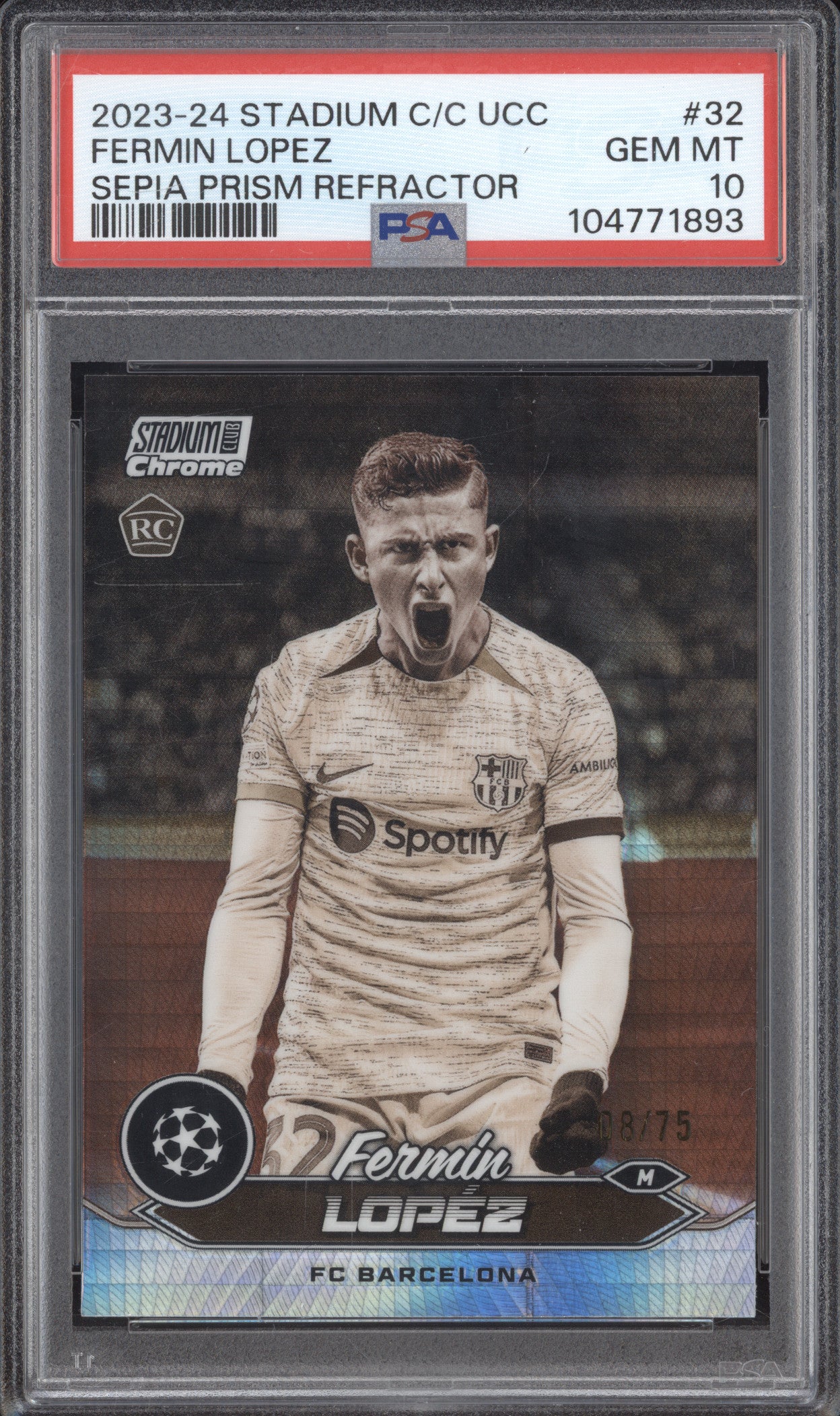 Fermin Lopez 2023-24 Topps Stadium Club Chrome 32 Sepia Prism RC 8/75 PSA 10