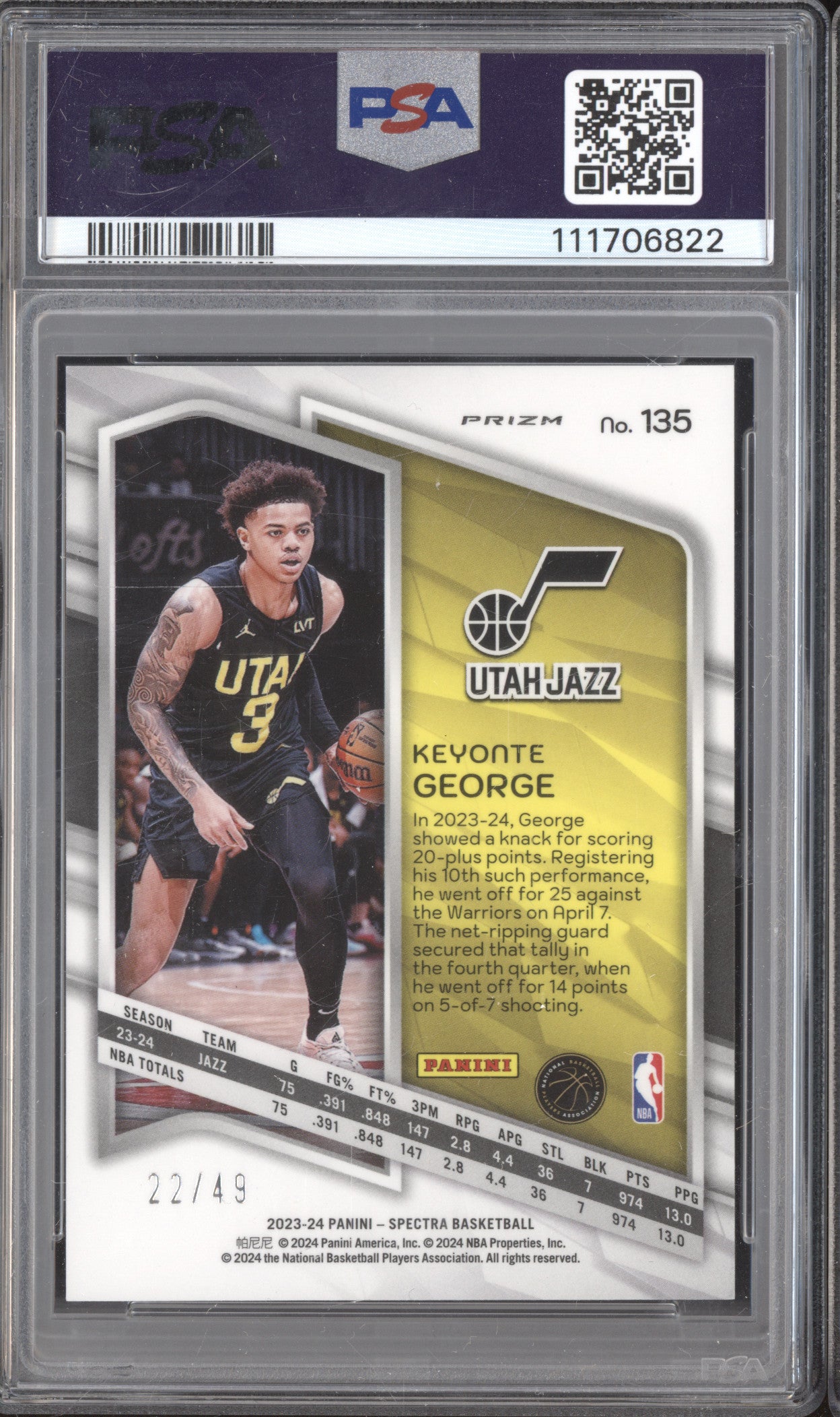 Keyonte George 2023-24 Panini Spectra Red & Yellow International RC 22/49 PSA 10