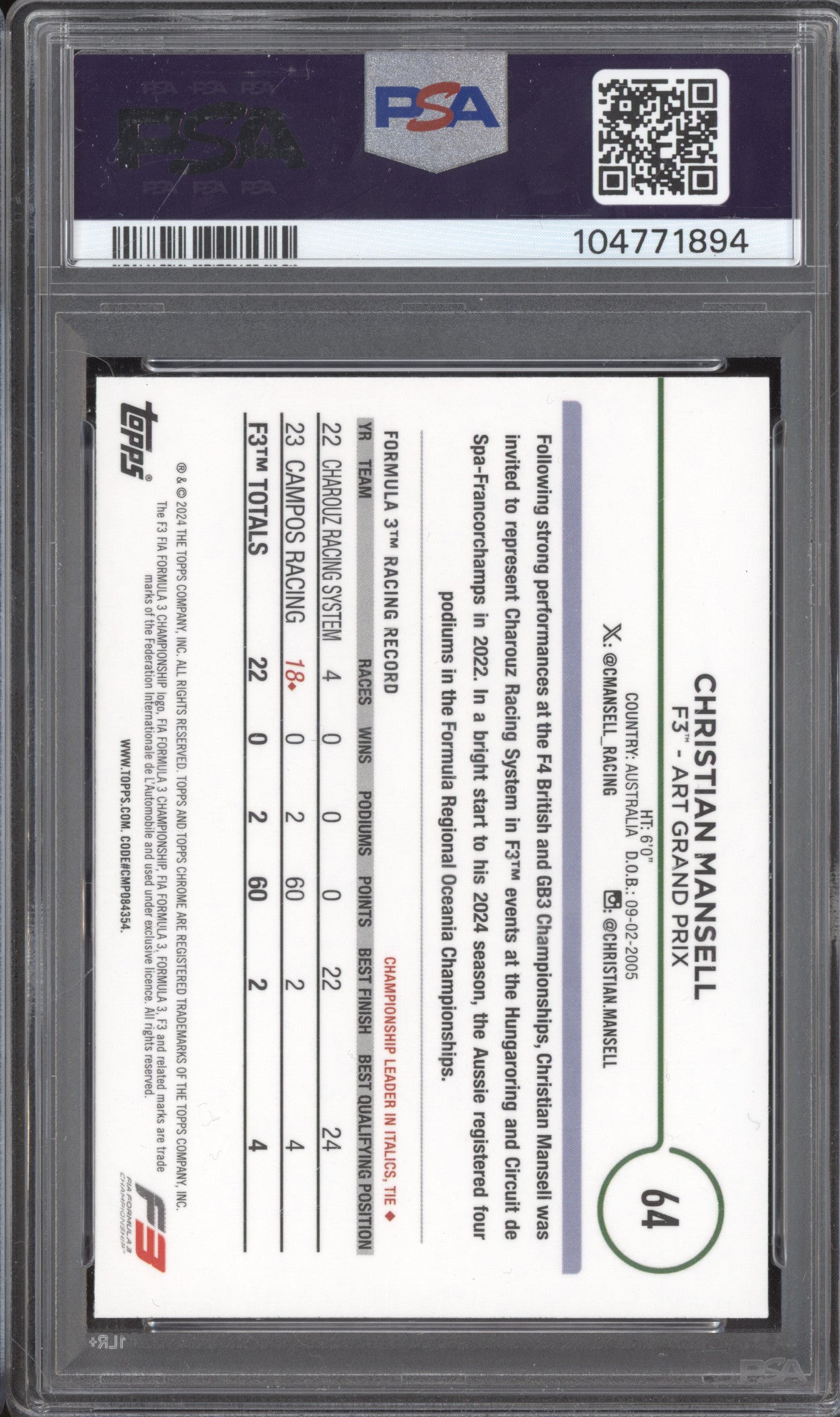 Christian Mansell 2024 Topps Chrome F1 64 Pink Refractor 63/75 PSA 9