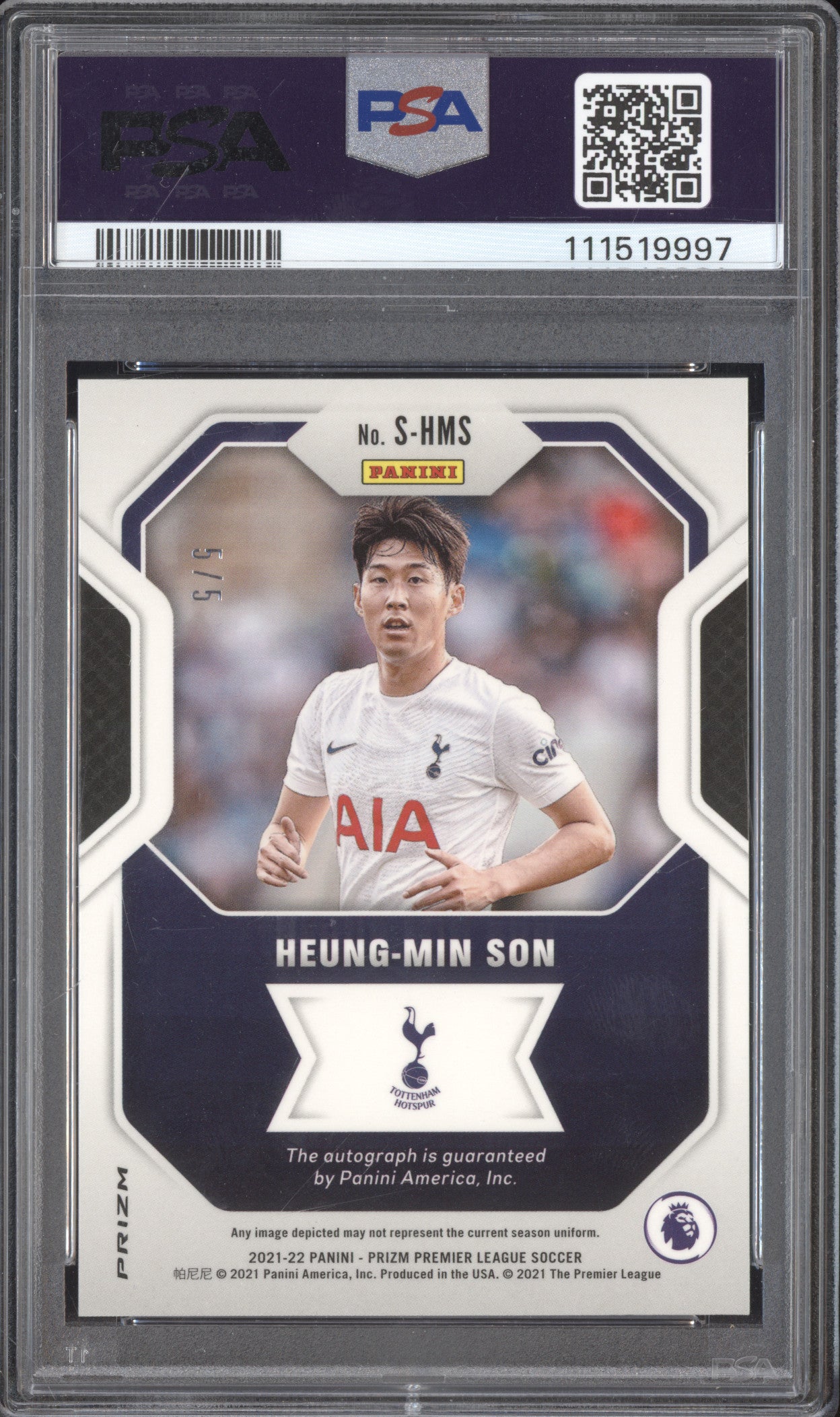 Heung-Min Son 2021-22 Panini Prizm Premier League Signatures Gold 5/5 PSA 10/10