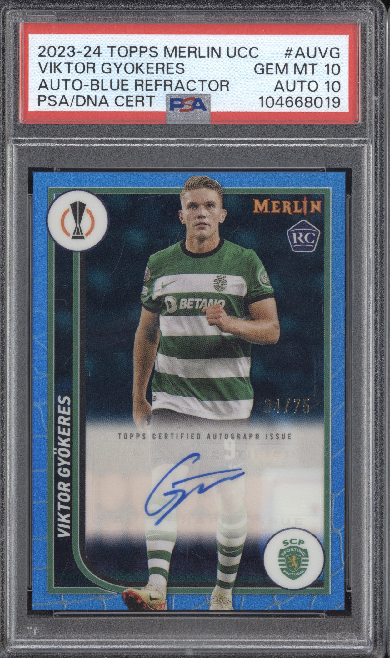 Viktor Gyokeres 2023-24 Topps Merlin UEFA Club Blue Auto RC 34/75 PSA 10/10