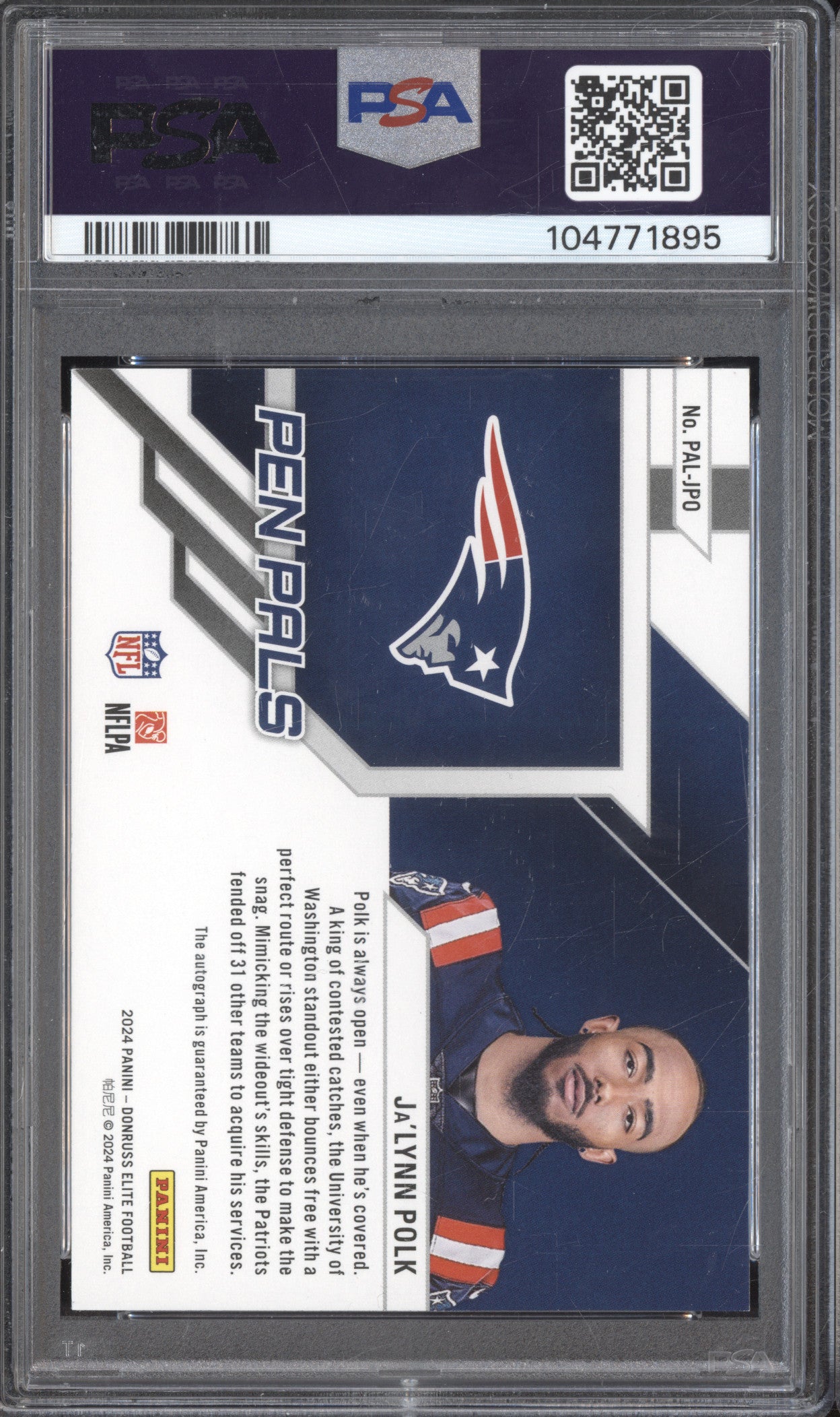 Ja'Lynn Polk 2024 Panini Donruss Elite PAL-JPO Pen Pals Auto RC PSA 9