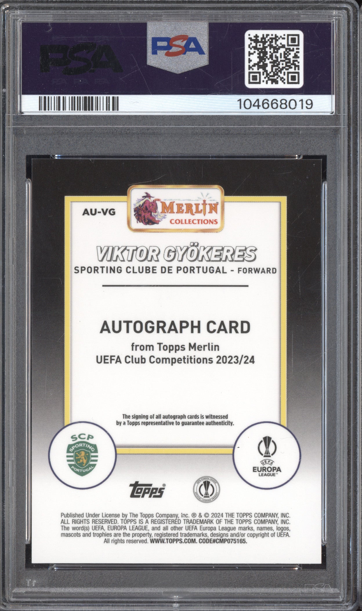 Viktor Gyokeres 2023-24 Topps Merlin UEFA Club Blue Auto RC 34/75 PSA 10/10