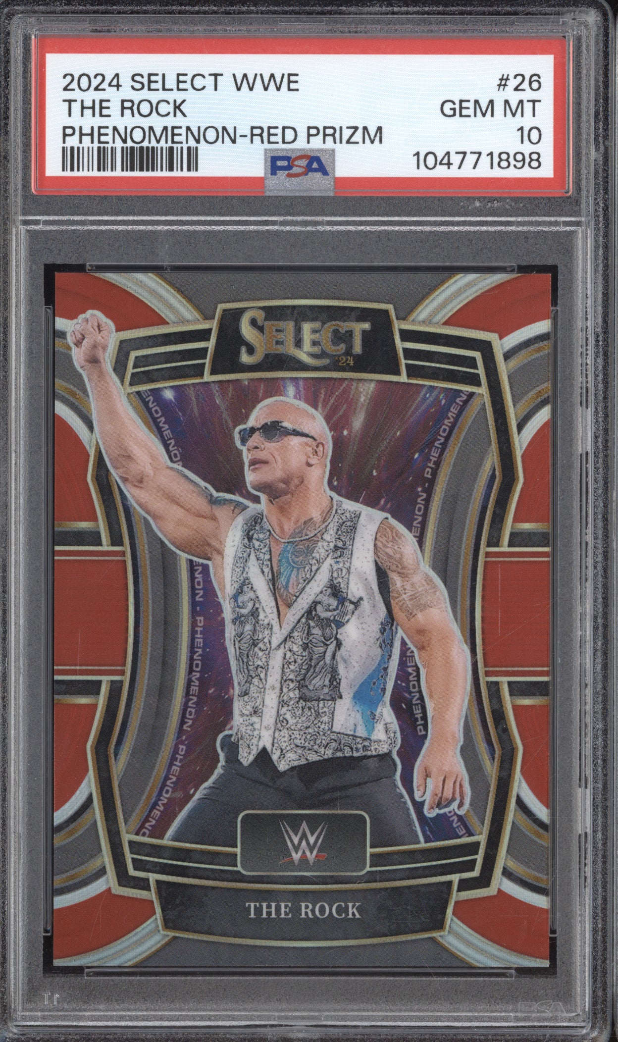 The Rock 2024 Panini Select WWE 26 Phenomenon Red 30/99 PSA 10