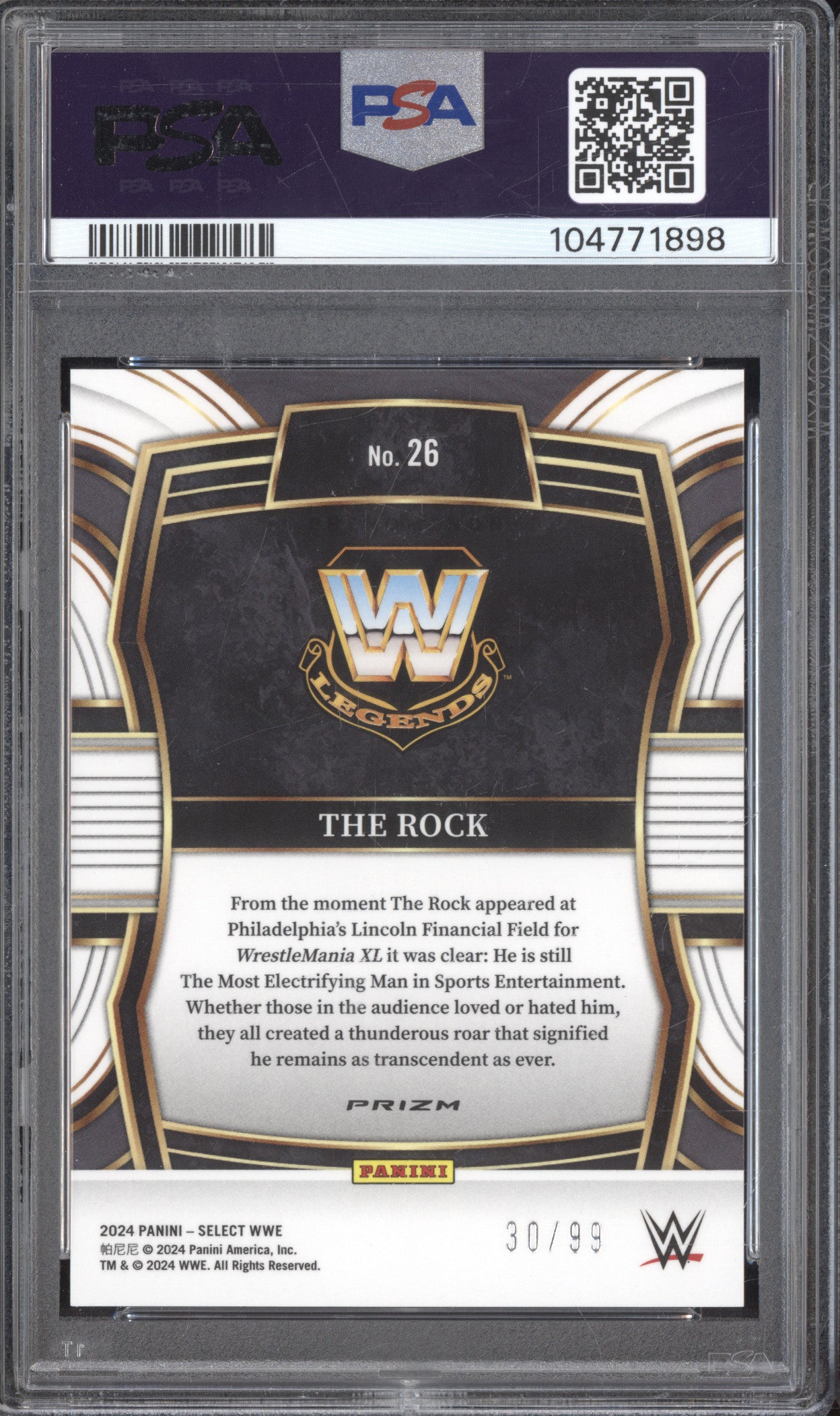 The Rock 2024 Panini Select WWE 26 Phenomenon Red 30/99 PSA 10