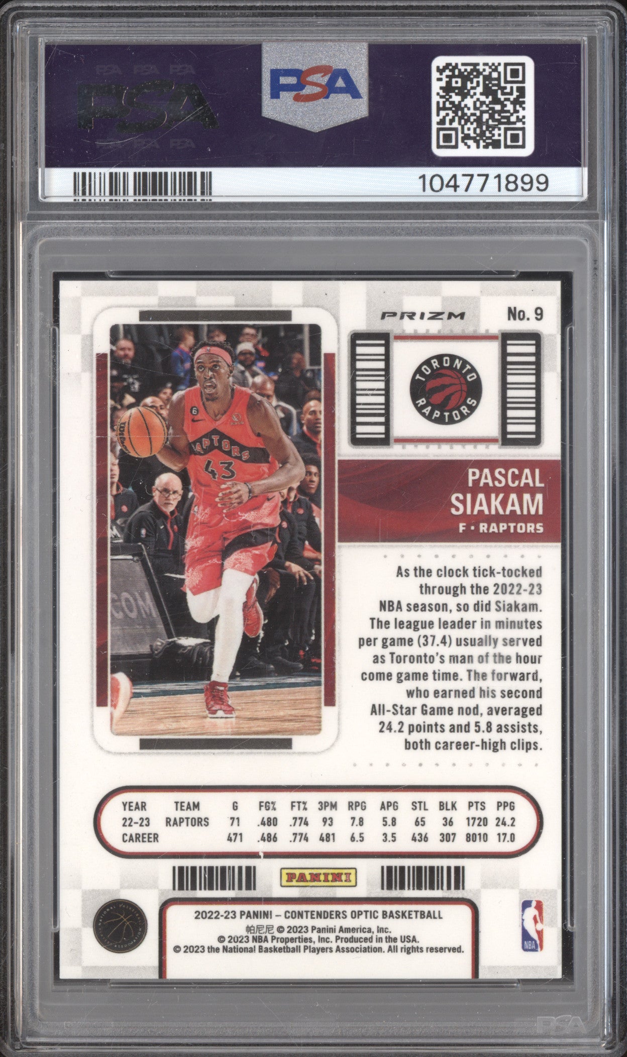 Pascal Siakam 2022-23 Panini Contenders Optic 9 Black Pandora PSA 10