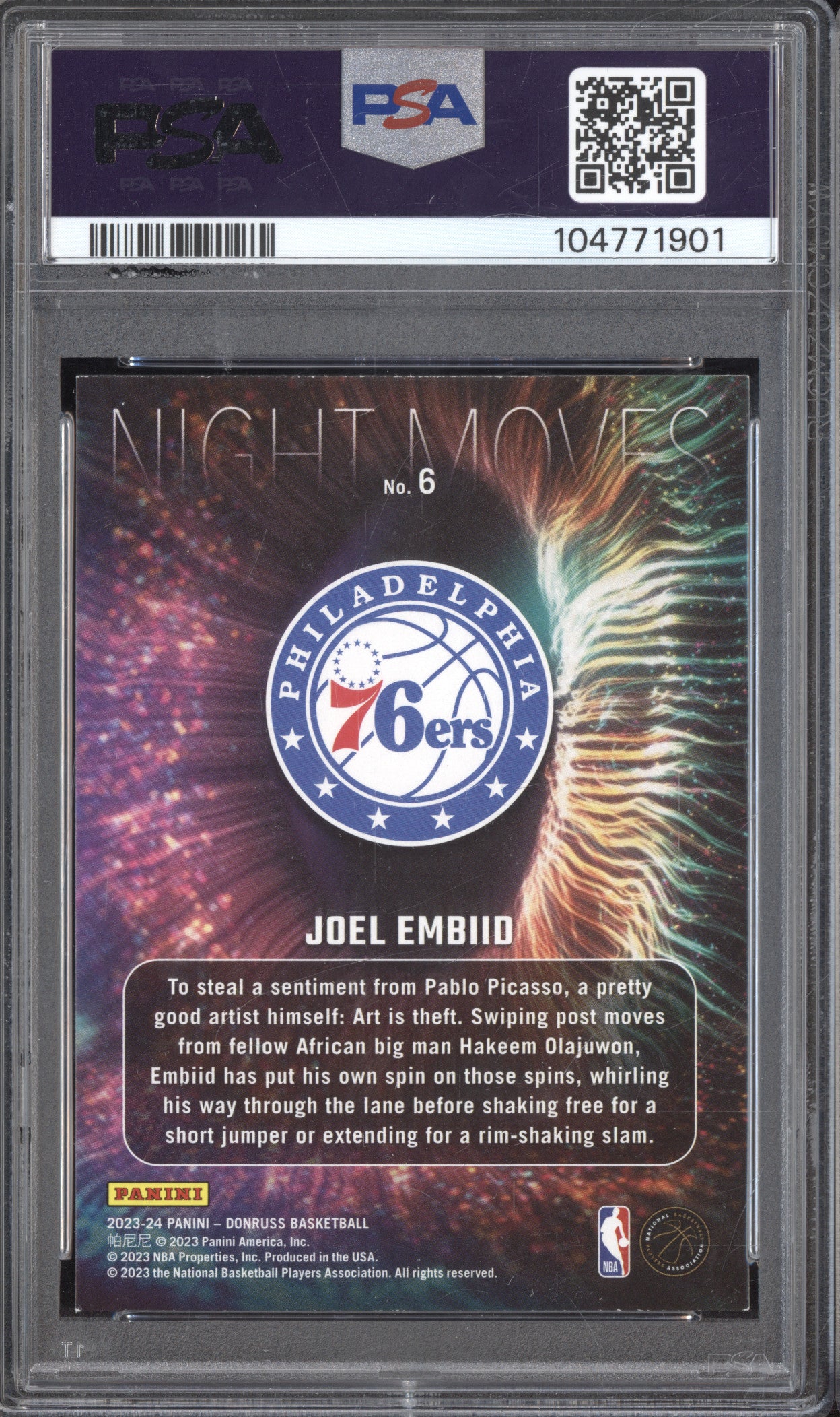 Joel Embiid 2023-24 Panini Donruss 6 Night Moves PSA 8.5