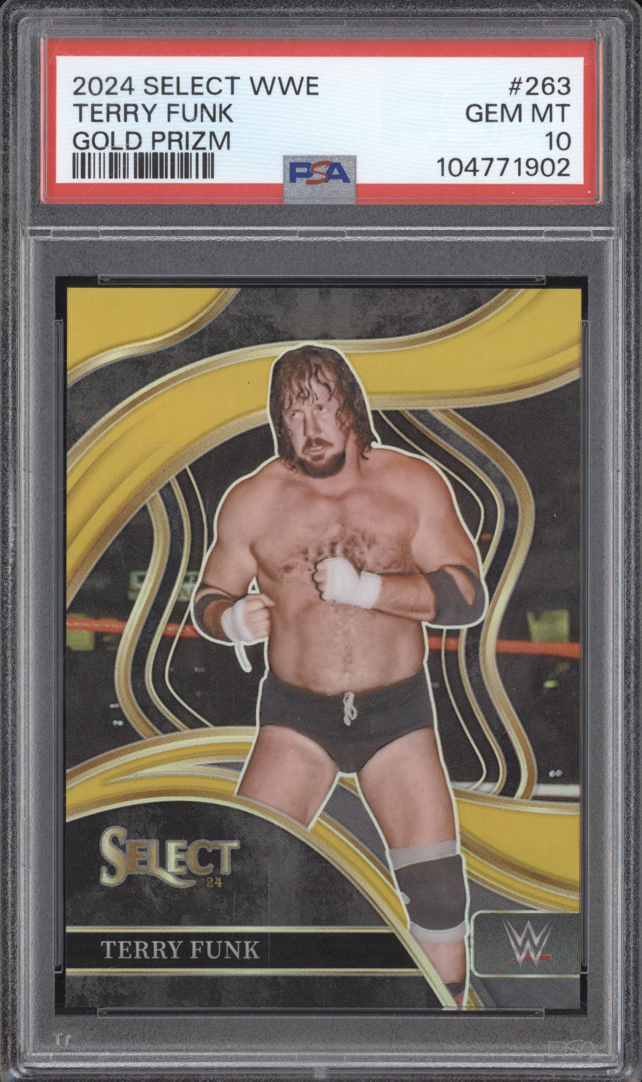 Terry Funk 2024 Panini Select WWE 263 Gold Prizm 8/10 PSA 10