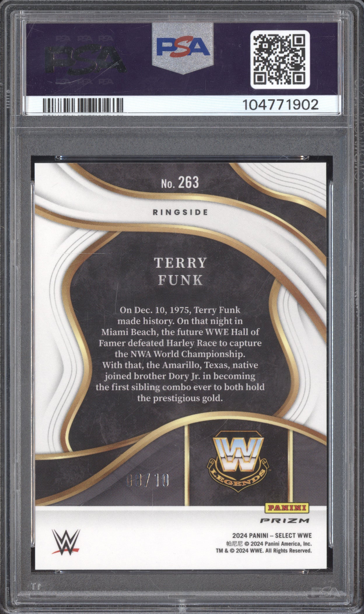 Terry Funk 2024 Panini Select WWE 263 Gold Prizm 8/10 PSA 10