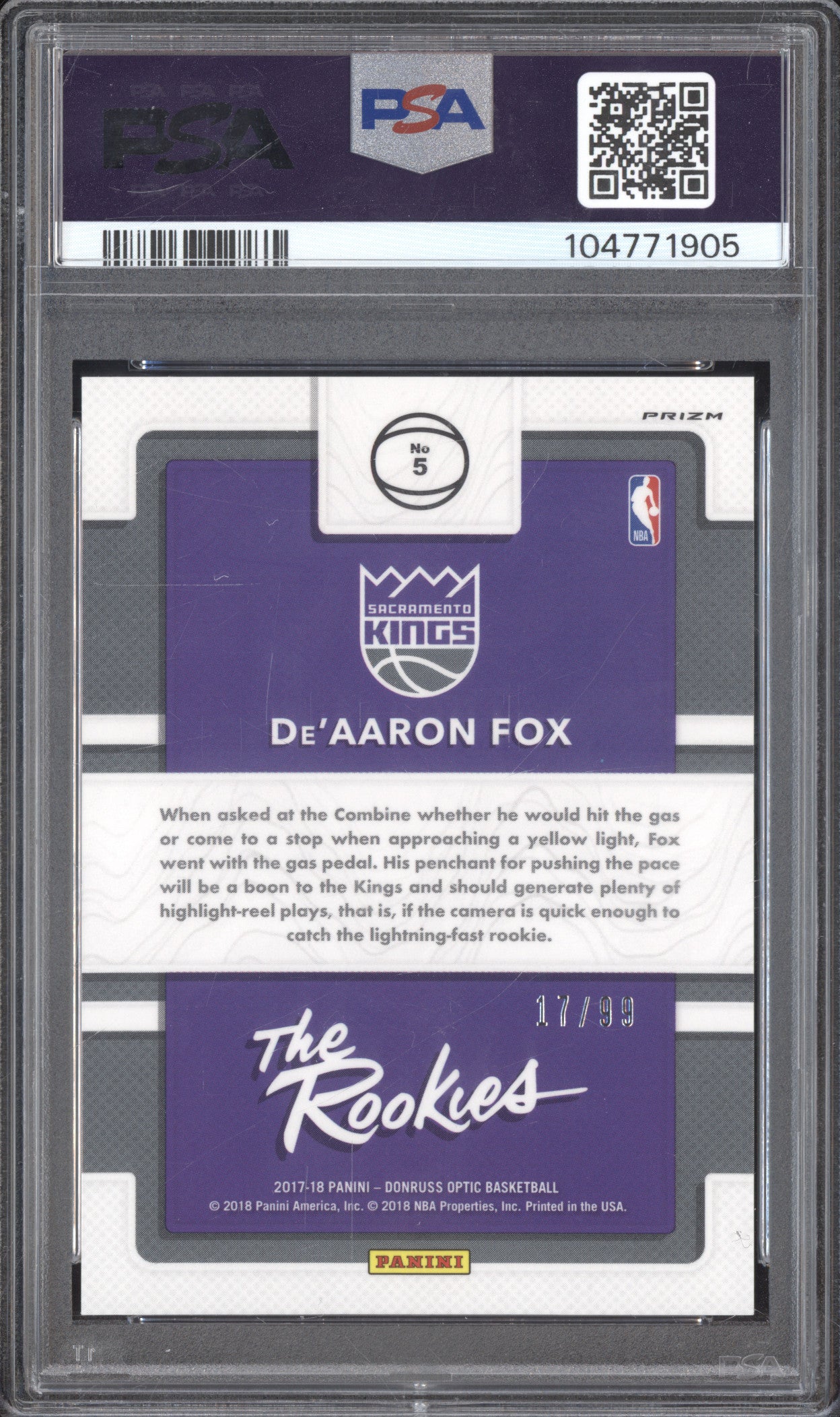 De'Aaron Fox 2017-18 Panini Donruss Optic 5 The Rookies Red RC 17/99 PSA 10