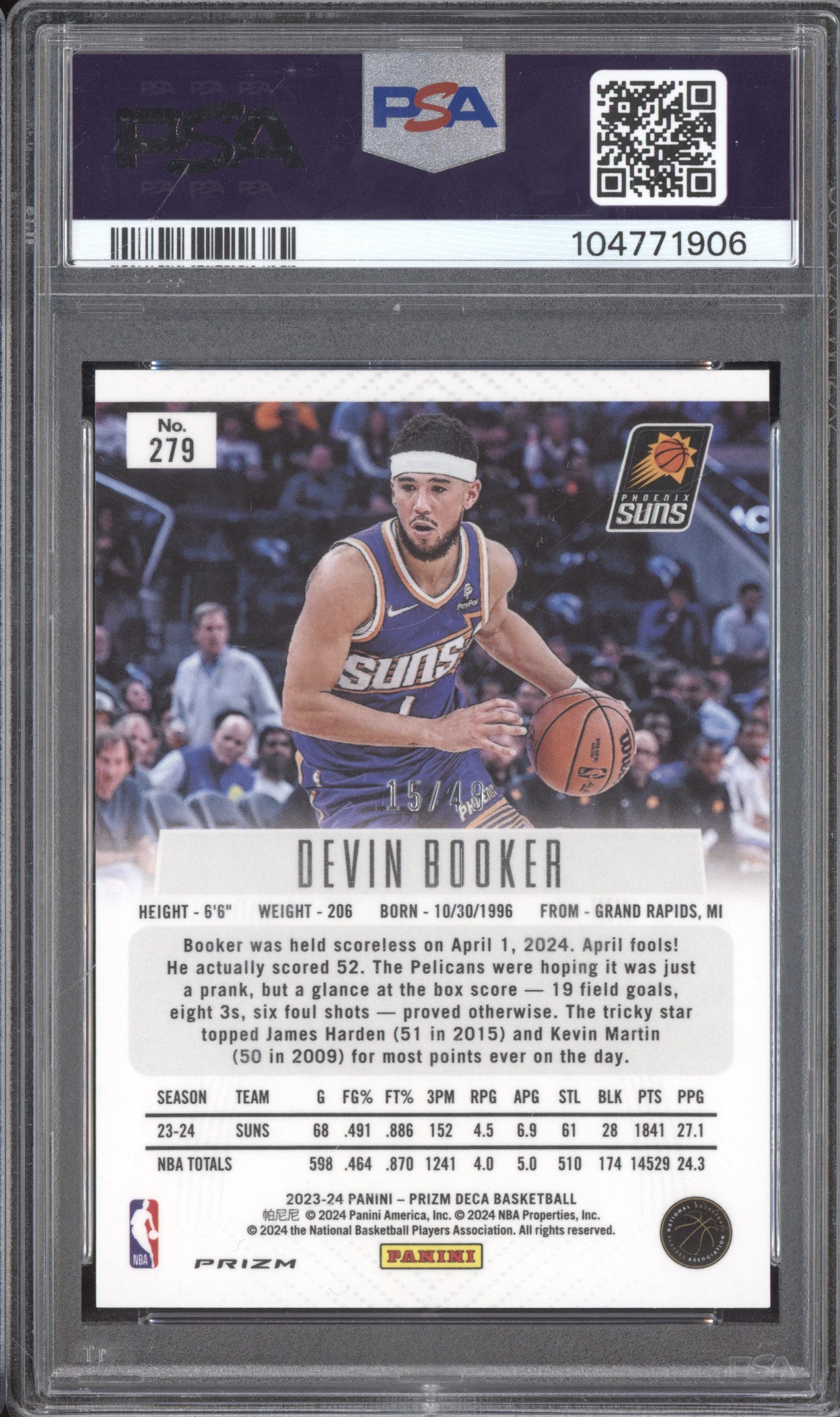 Devin Booker 2023-24 Panini Prizm Deca 279 Orange Prizm 15/49 PSA 9