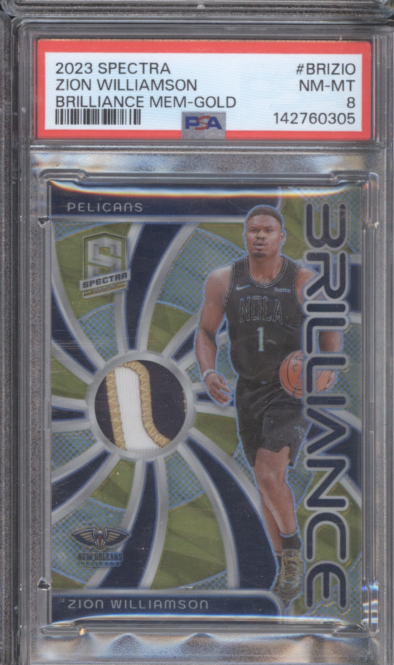 Zion Williamson 2023 Panini Spectra BRIZ10 Brilliance Mem-Gold /10 PSA 8