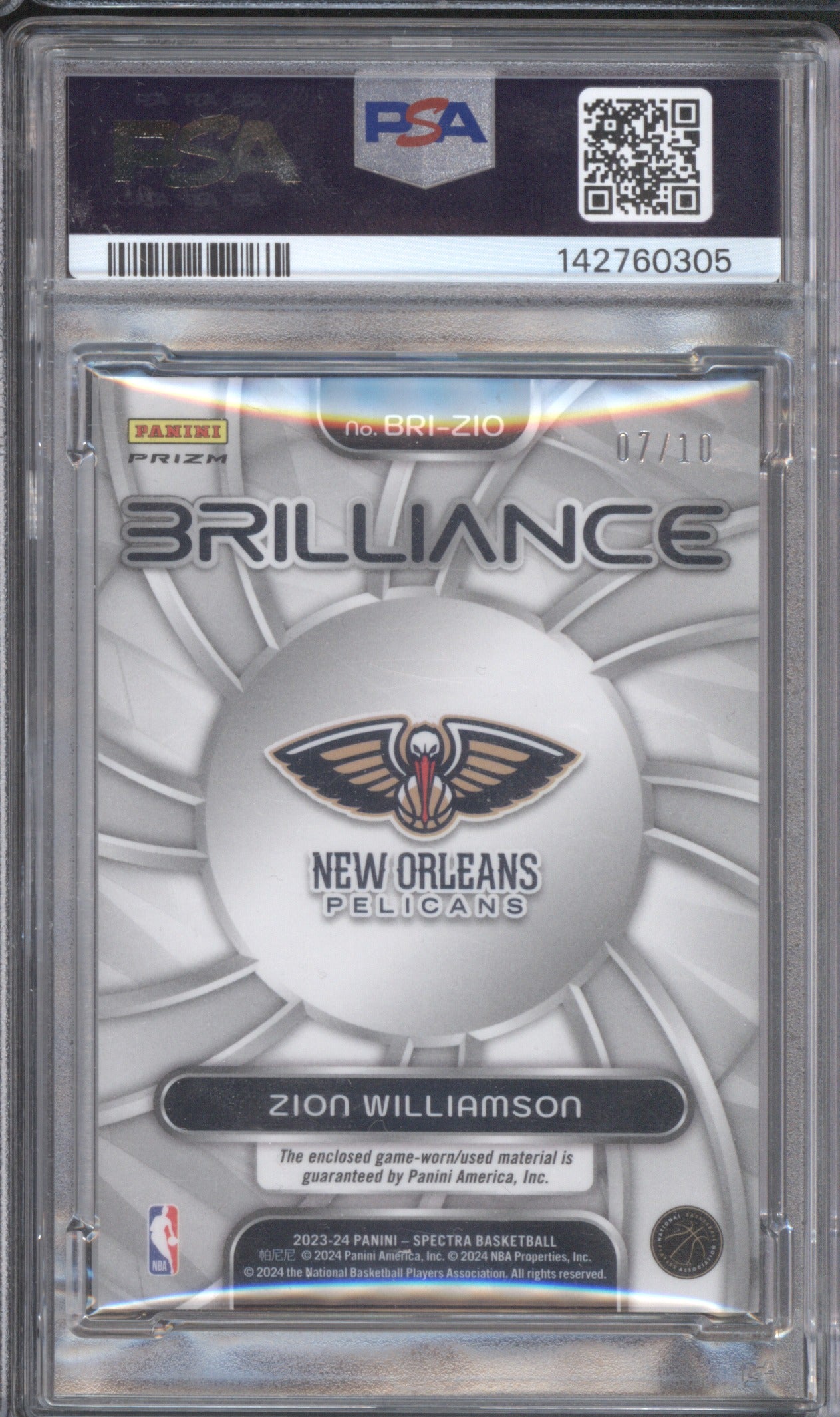 Zion Williamson 2023 Panini Spectra BRIZ10 Brilliance Mem-Gold /10 PSA 8