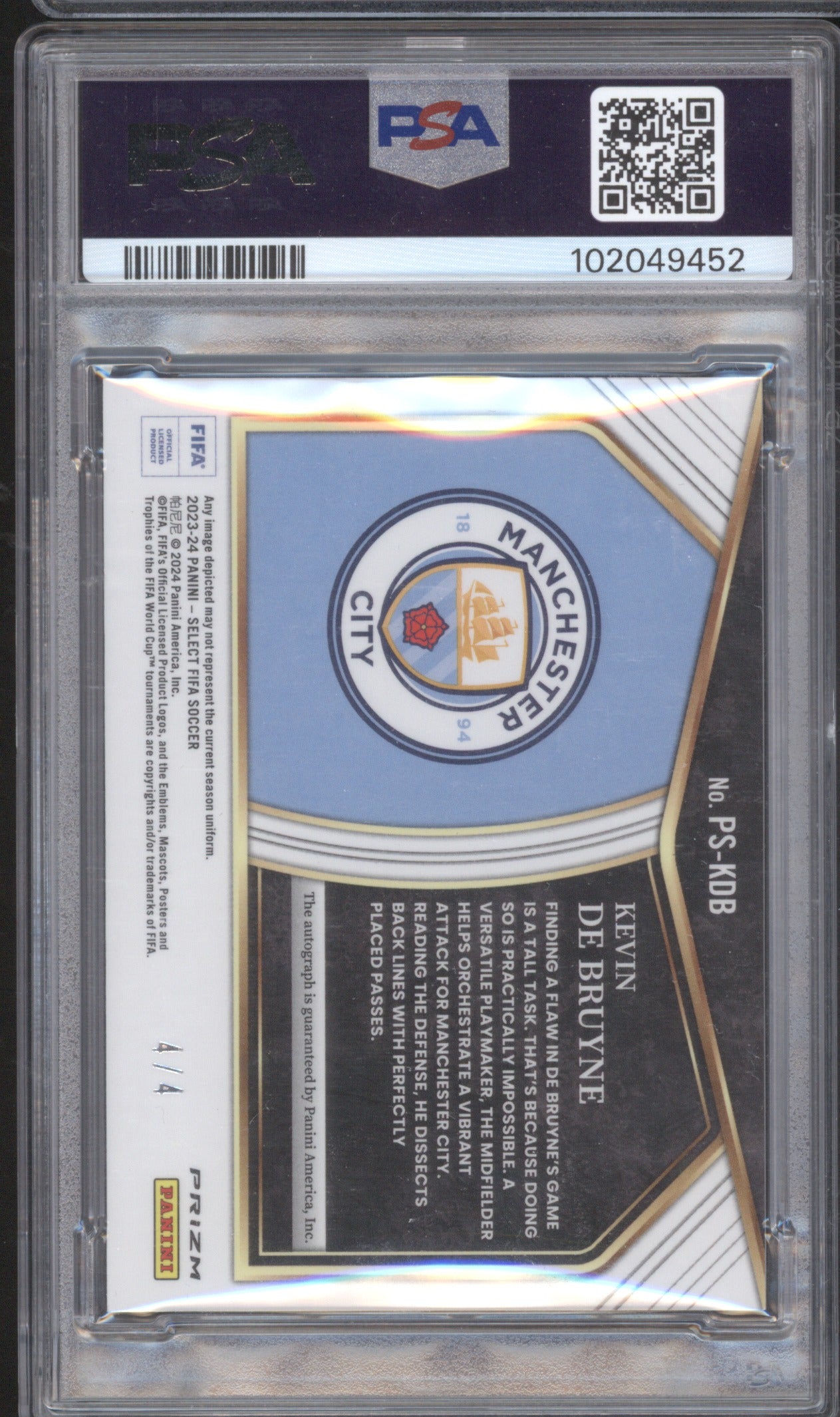 Kevin De Bruyne 2023 Panini Select FIFA PSKDB Pitchside Signature PSA 9 Tie-Dye