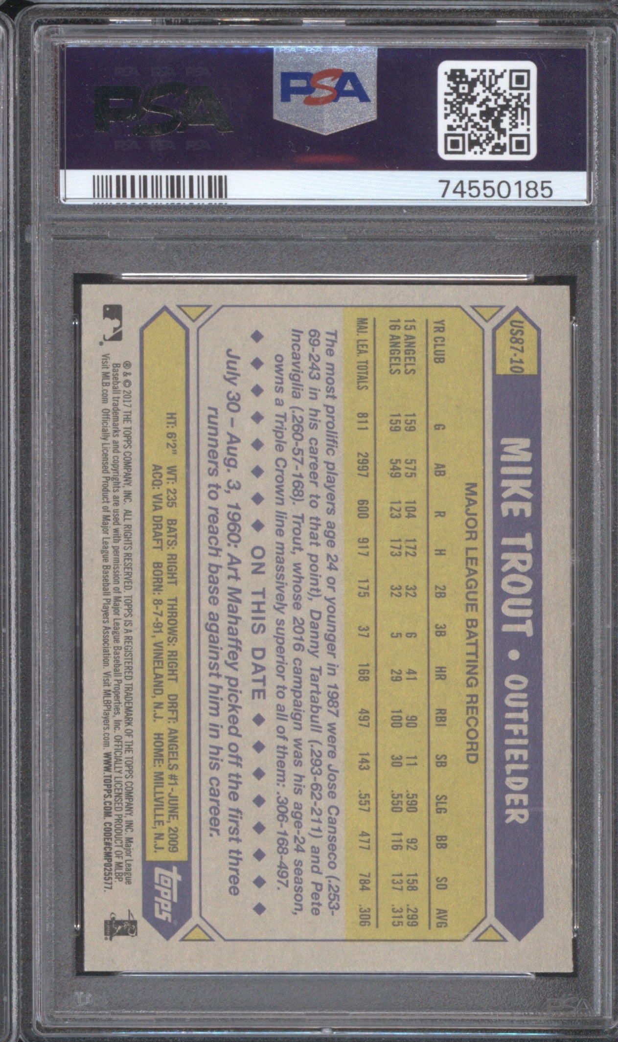 Mike Trout 2017 Topps Update 10 1987 Baseball 30th Anniversary PSA 10